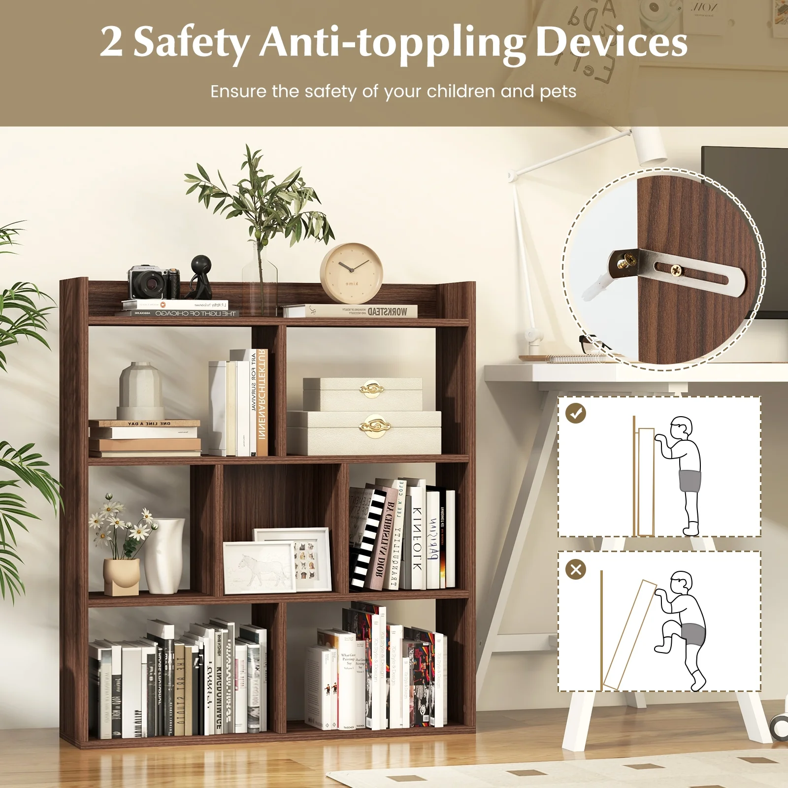 7 Cube Bookshelf, Walnut, Anti-Toppling Devices - Image 8