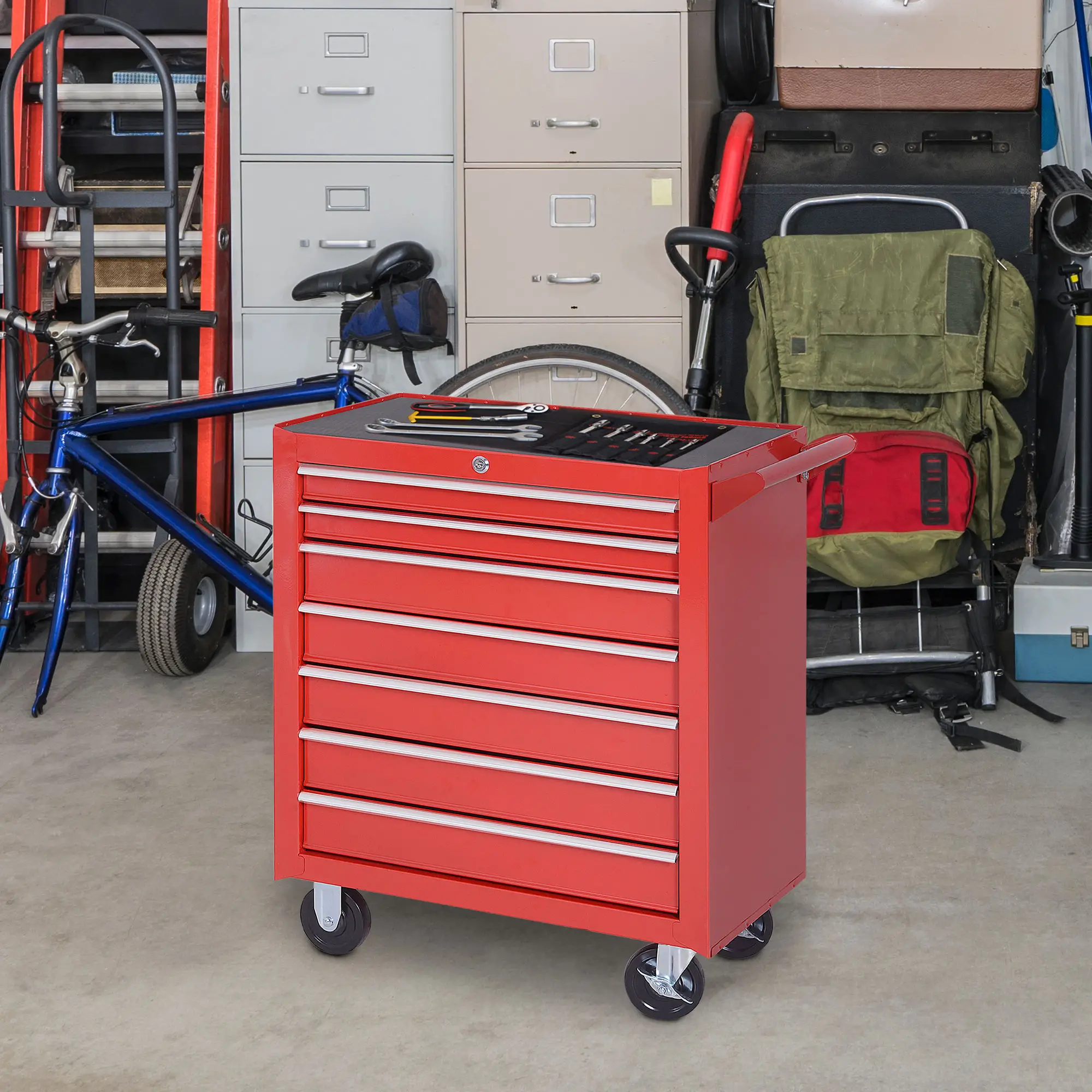 7 Drawer Roller Tool Chest, Mobile Lockable Toolbox, Red - Image 2