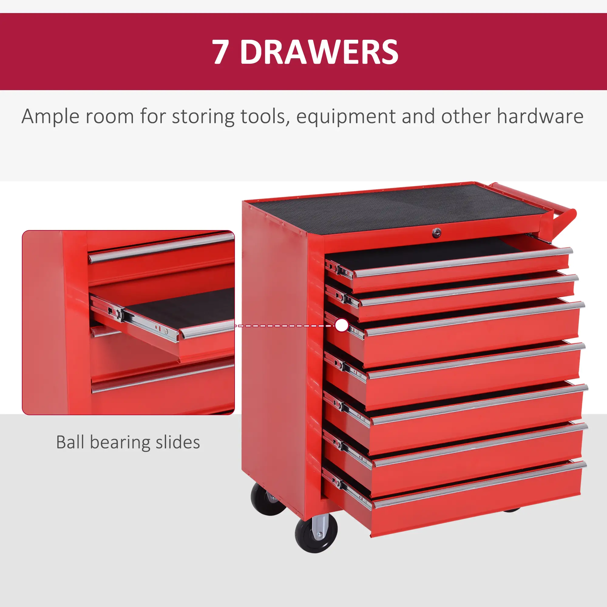 7 Drawer Roller Tool Chest, Mobile Lockable Toolbox, Red - Image 4