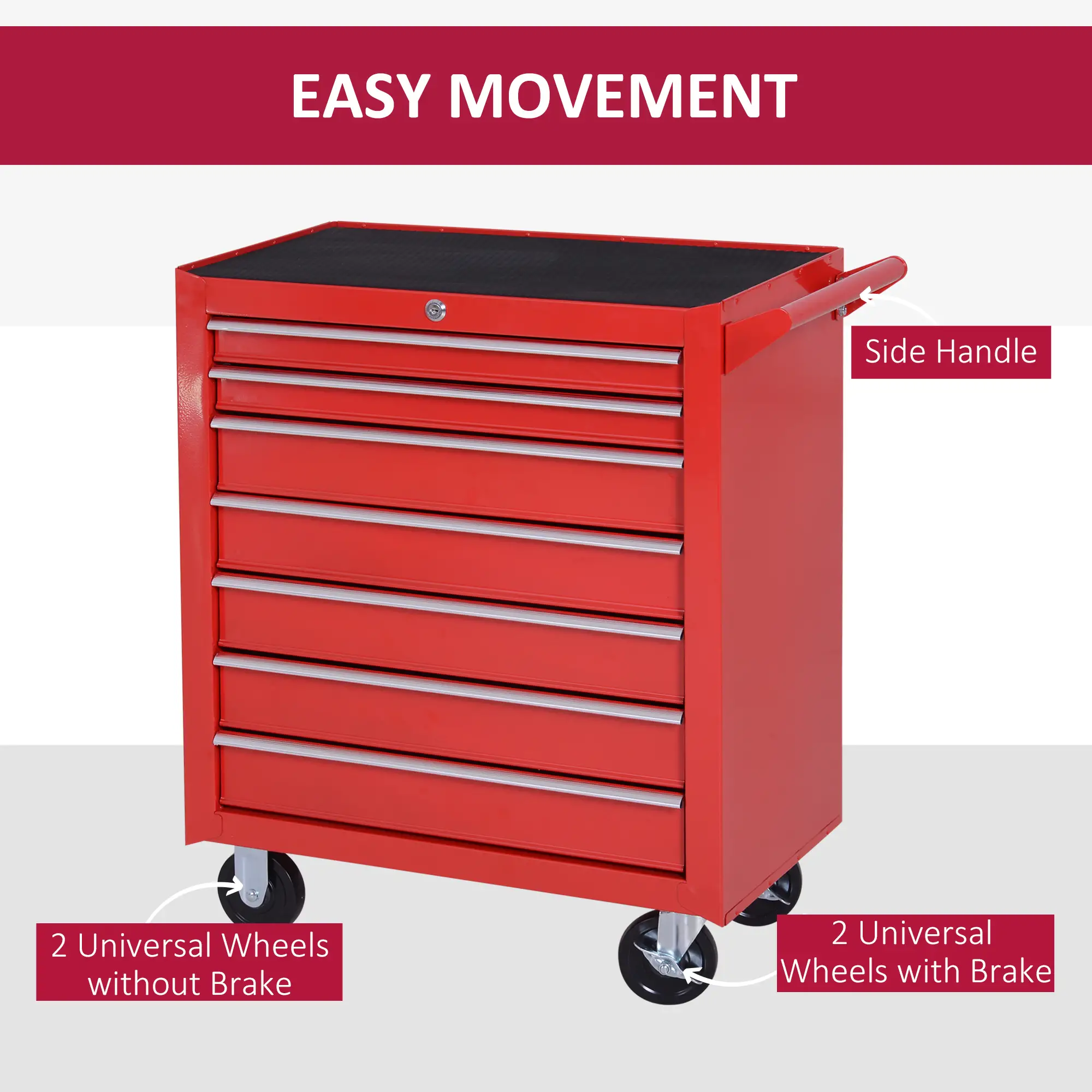 7 Drawer Roller Tool Chest, Mobile Lockable Toolbox, Red - Image 6