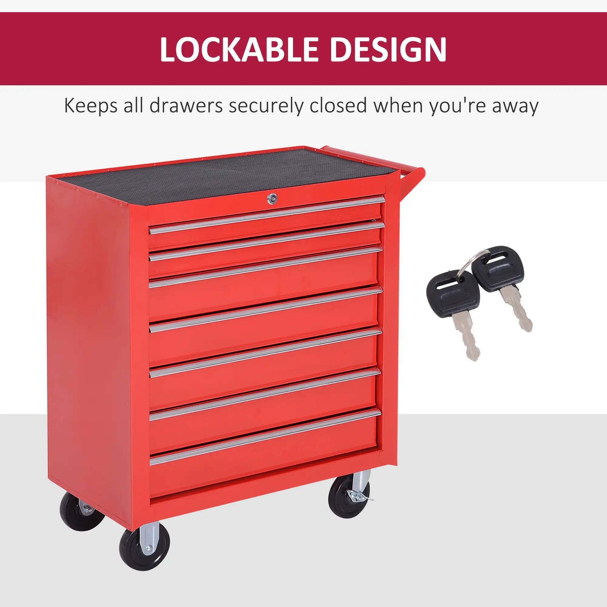 7 Drawer Roller Tool Chest, Mobile Lockable Toolbox, Red - Image 7
