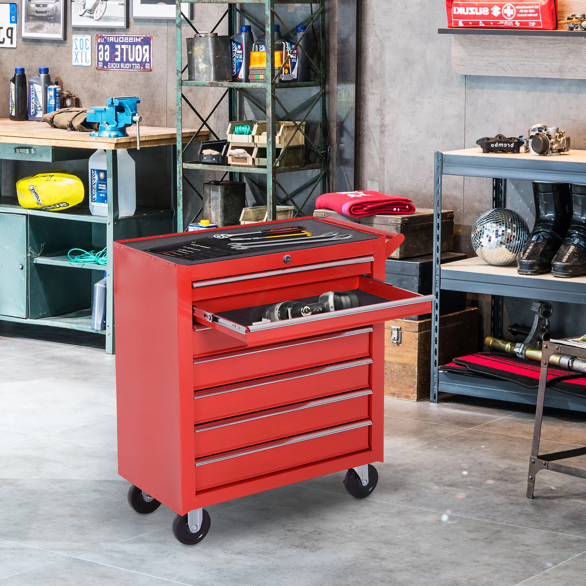 7 Drawer Roller Tool Chest, Mobile Lockable Toolbox, Red - Image 8