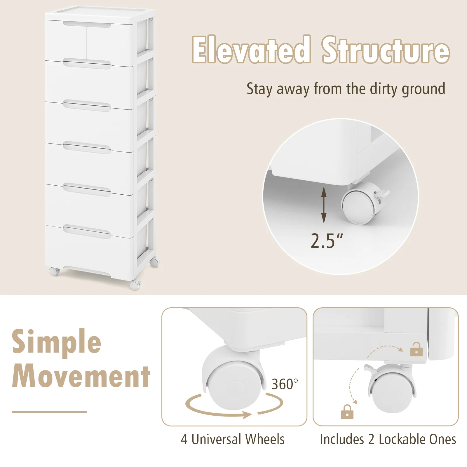 7-Drawer Rolling Storage Cabinet With Universal Wheels, White - Image 9