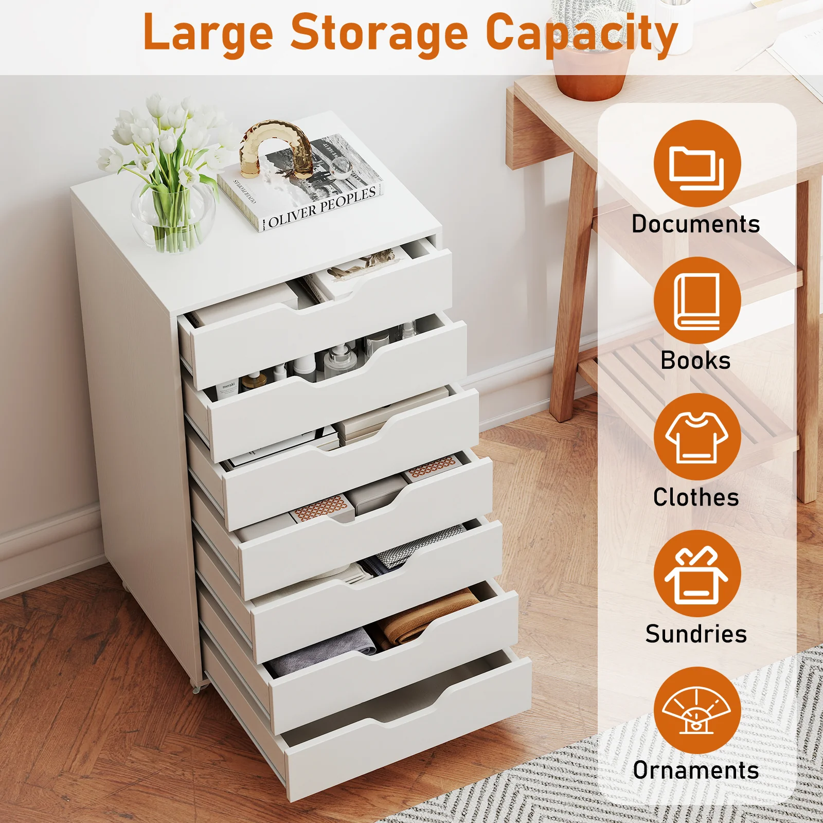 7-Drawer Storage Dresser, With Wheels, White - Image 9