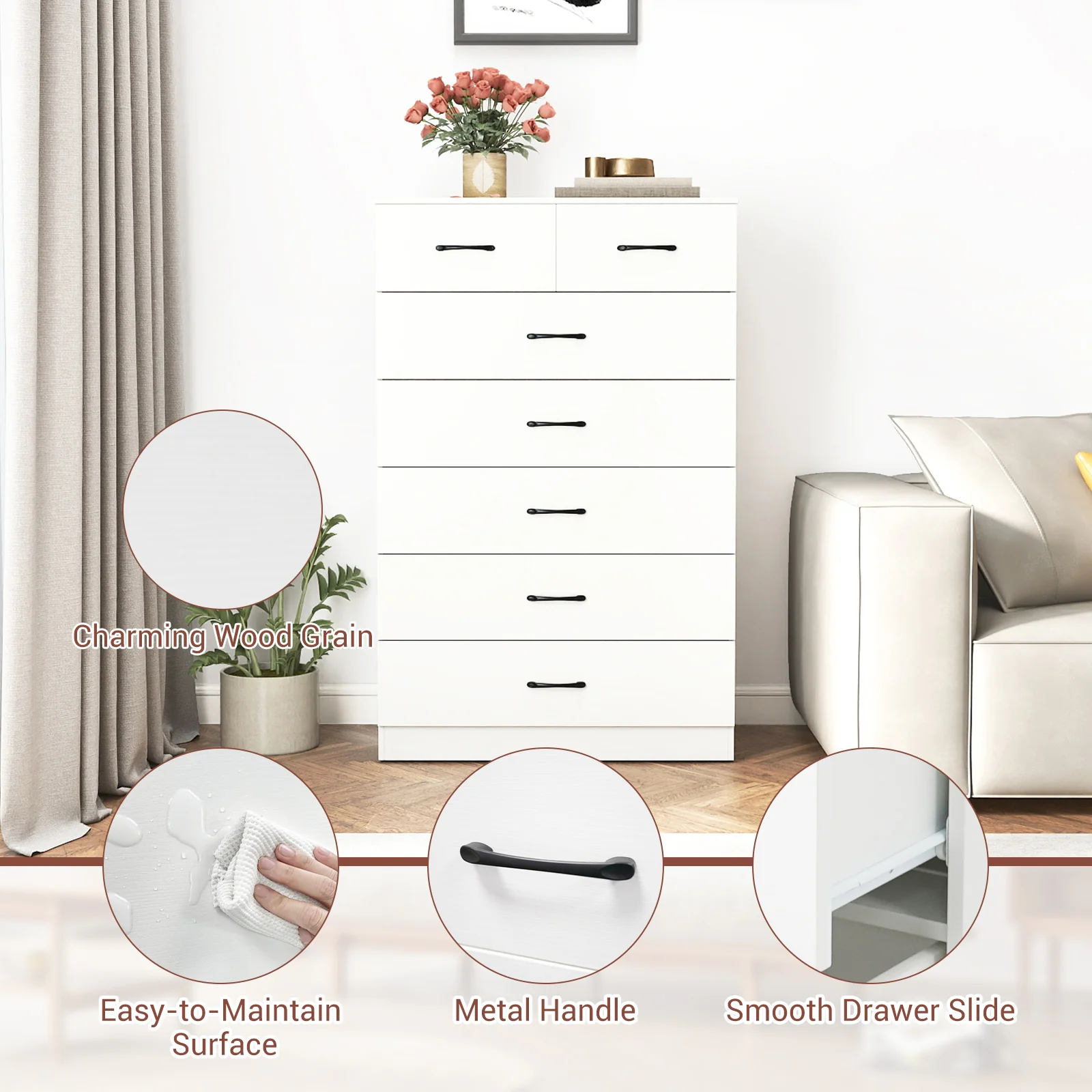 7-Drawer Tall Dresser, Metal Handles, Anti-Tipping Kits, White - Image 10
