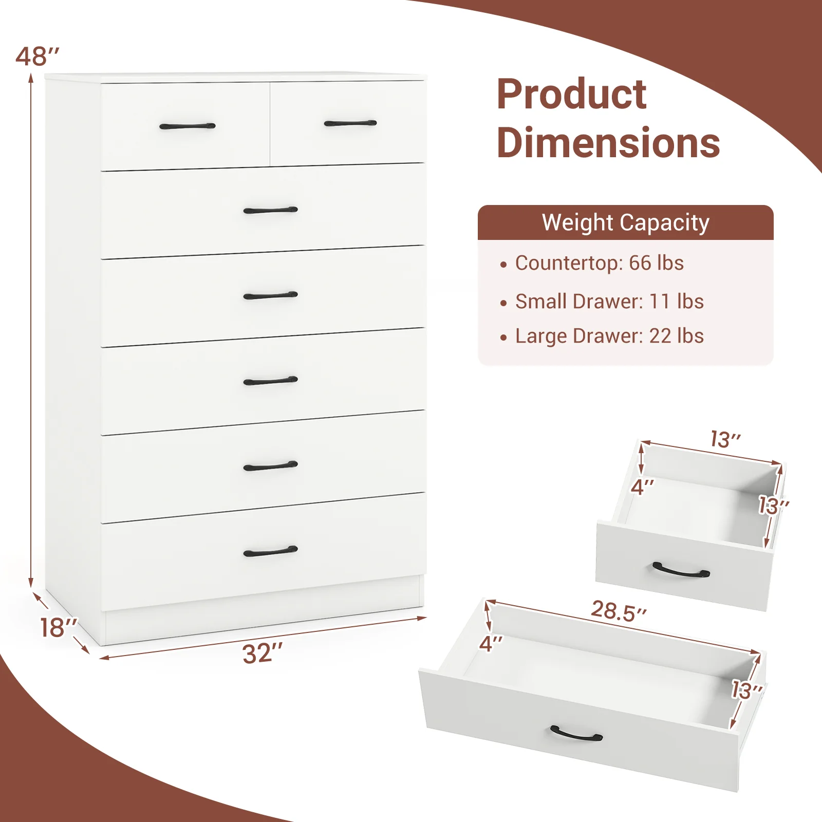 7-Drawer Tall Dresser, Metal Handles, Anti-Tipping Kits, White - Image 6