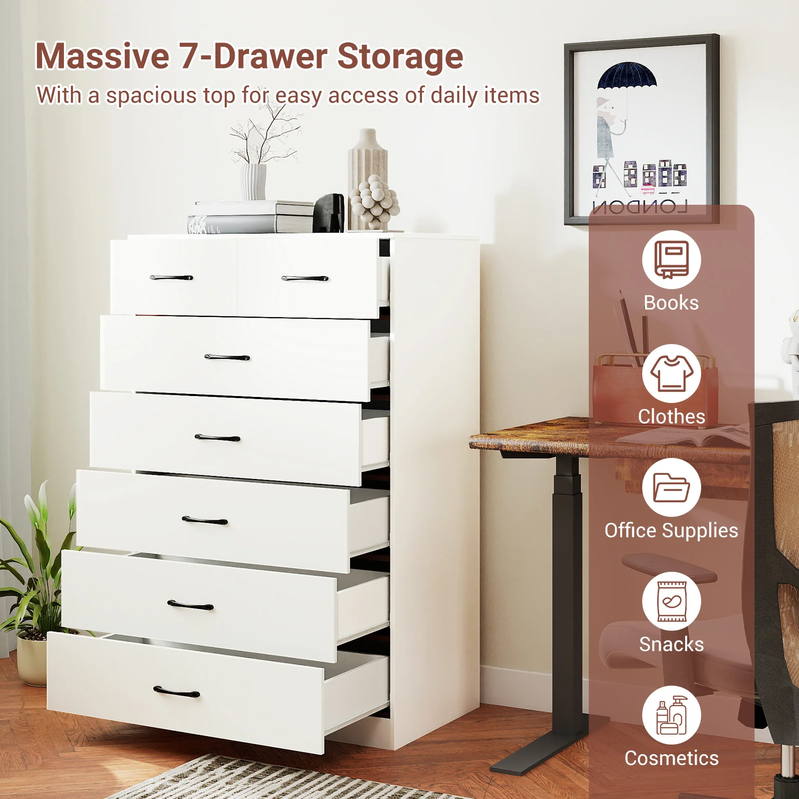 7-Drawer Tall Dresser, Metal Handles, Anti-Tipping Kits, White - Image 7