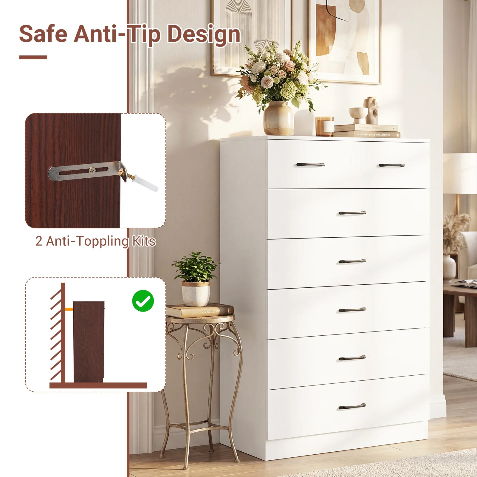 7-Drawer Tall Dresser, Metal Handles, Anti-Tipping Kits, White - Image 8