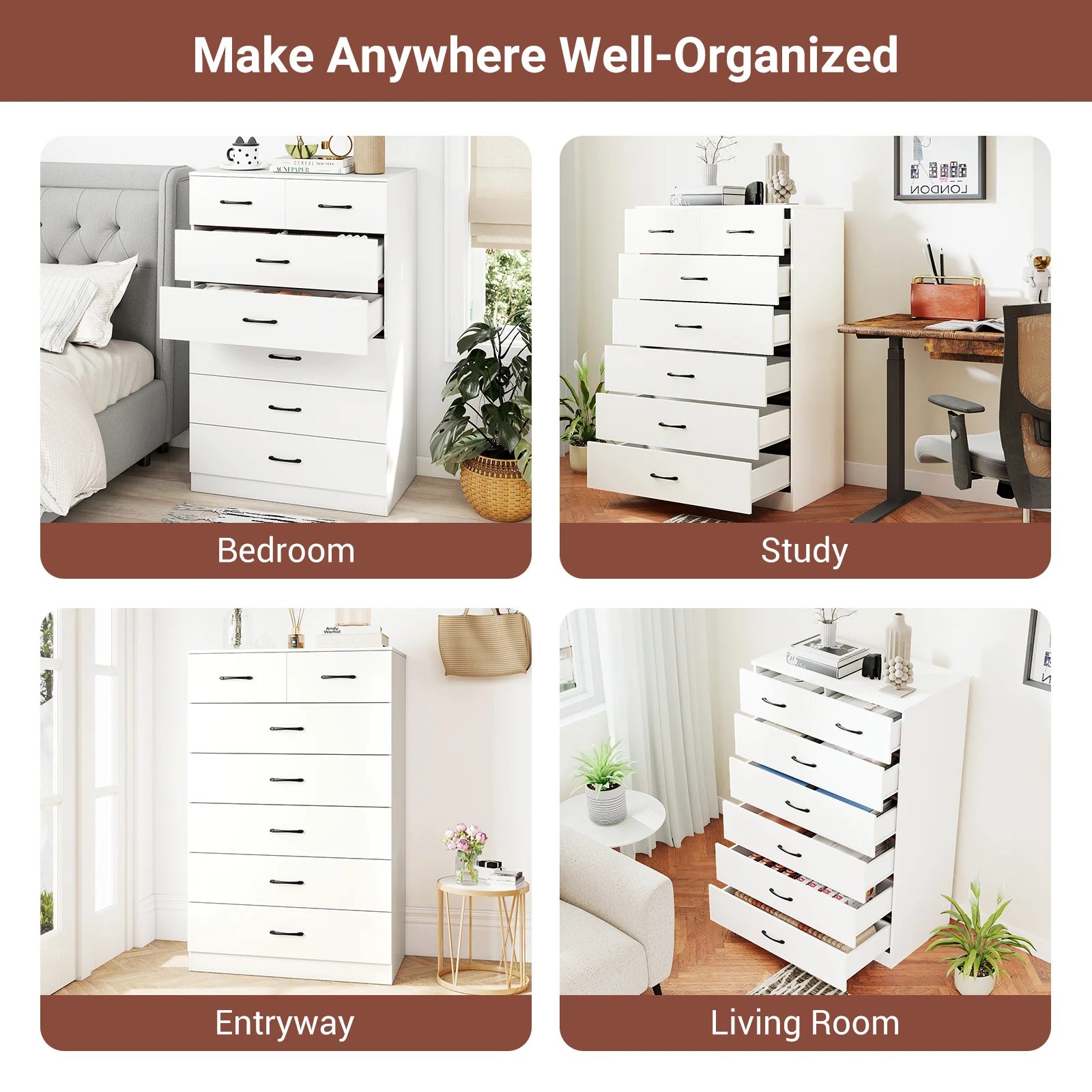 7-Drawer Tall Dresser, Metal Handles, Anti-Tipping Kits, White - Image 9