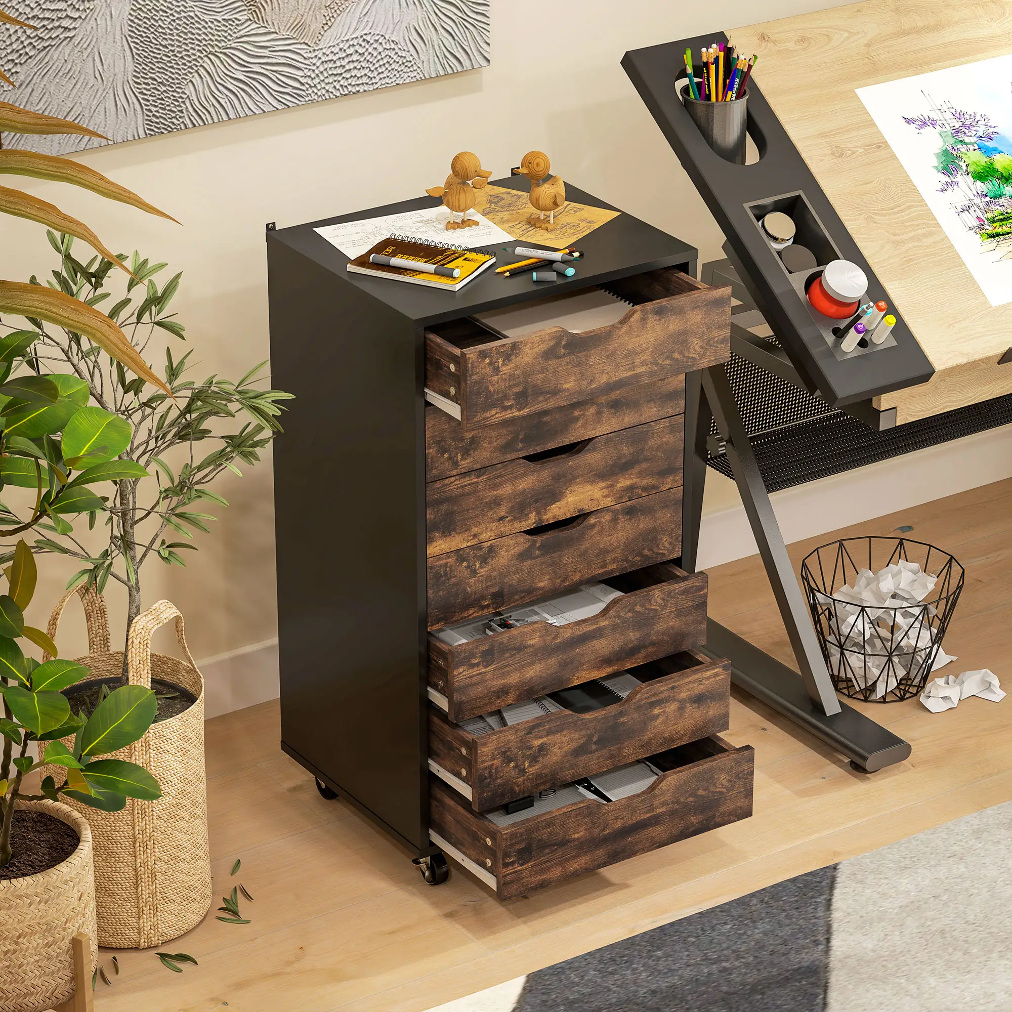 7-Drawer Vertical File Cabinet, 18.7"x15.6"x35.4", Rustic Brown - Image 10