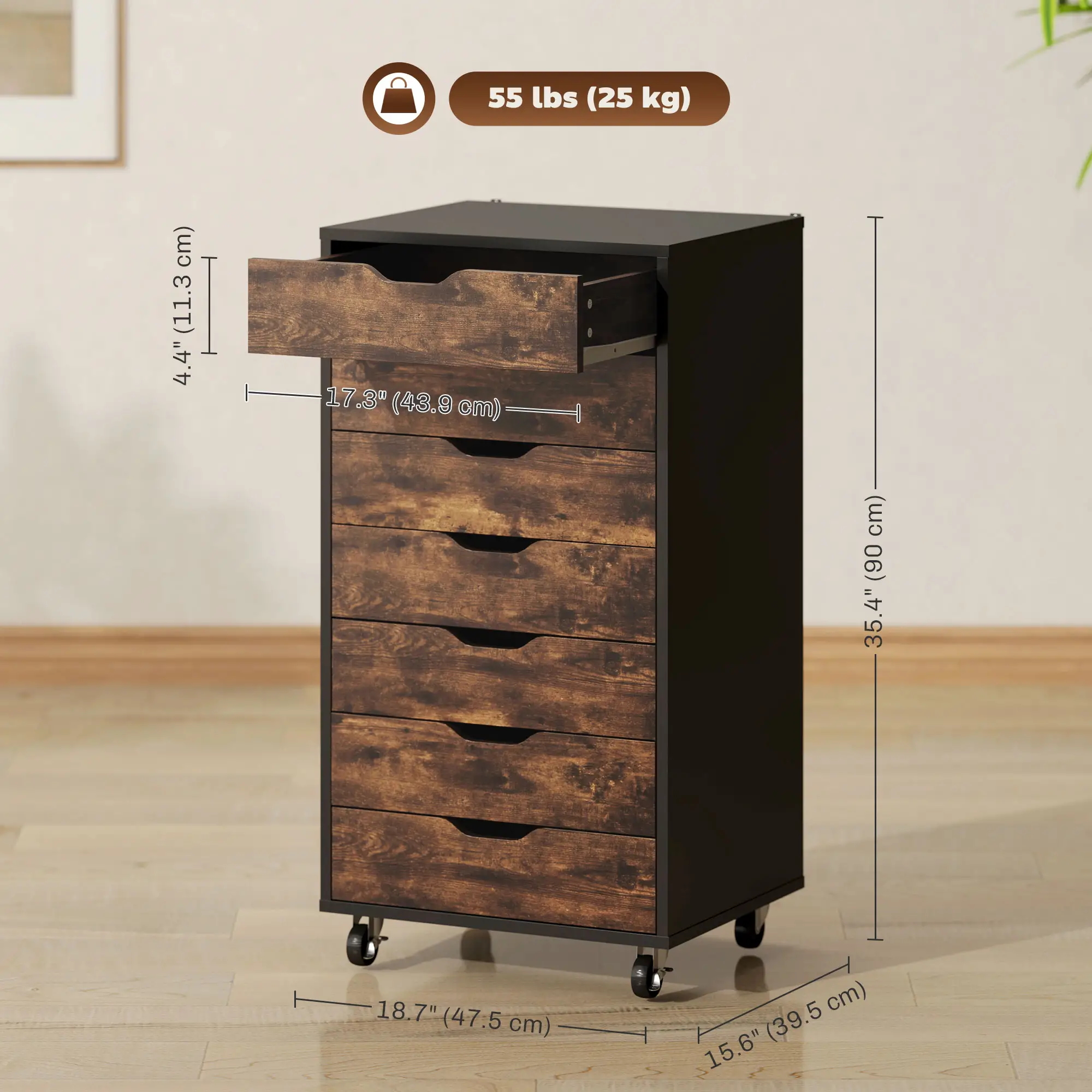 7-Drawer Vertical File Cabinet, 18.7"x15.6"x35.4", Rustic Brown - Image 3