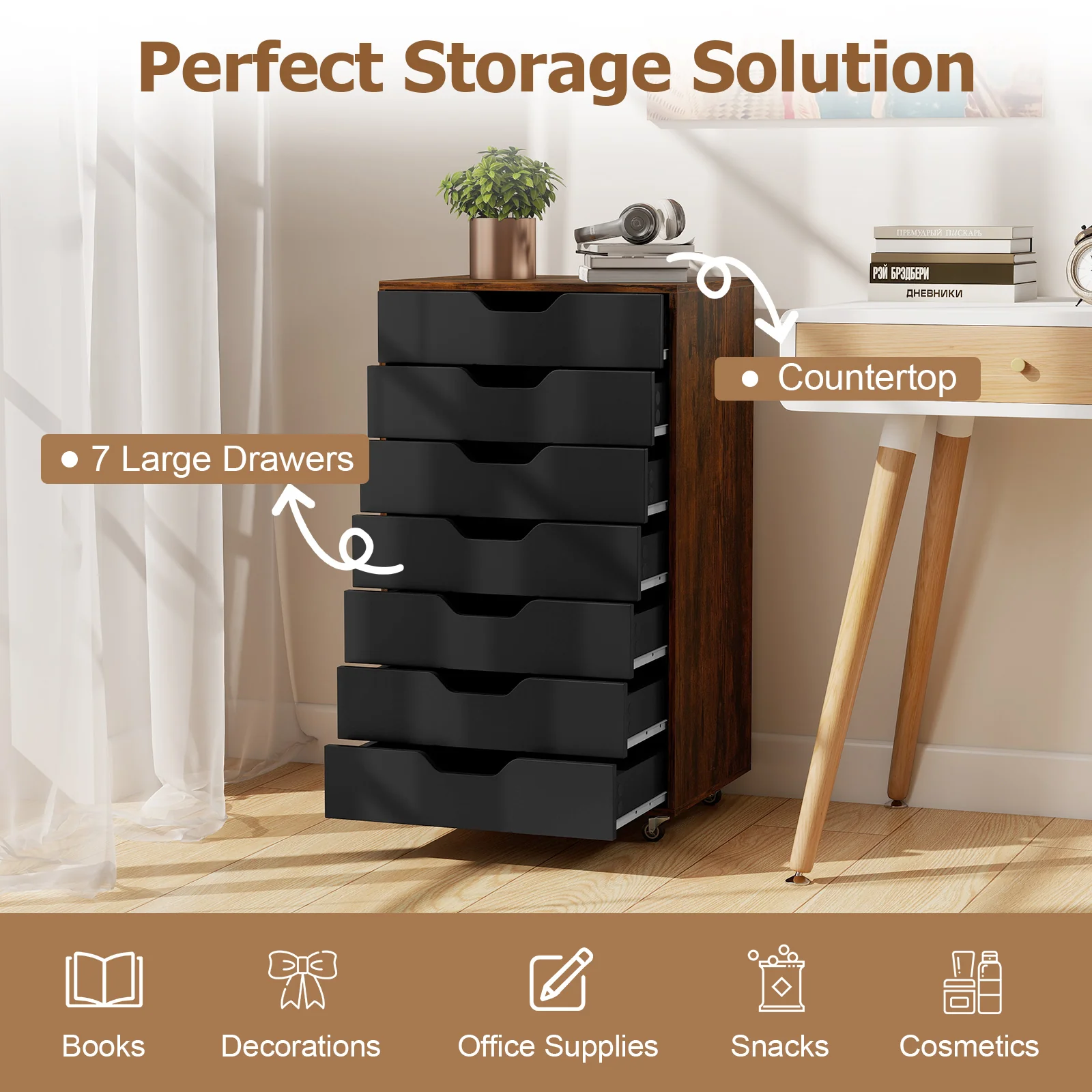 7-Drawer Wooden Storage Dresser, Lockable Wheels, Rustic Brown - Image 9