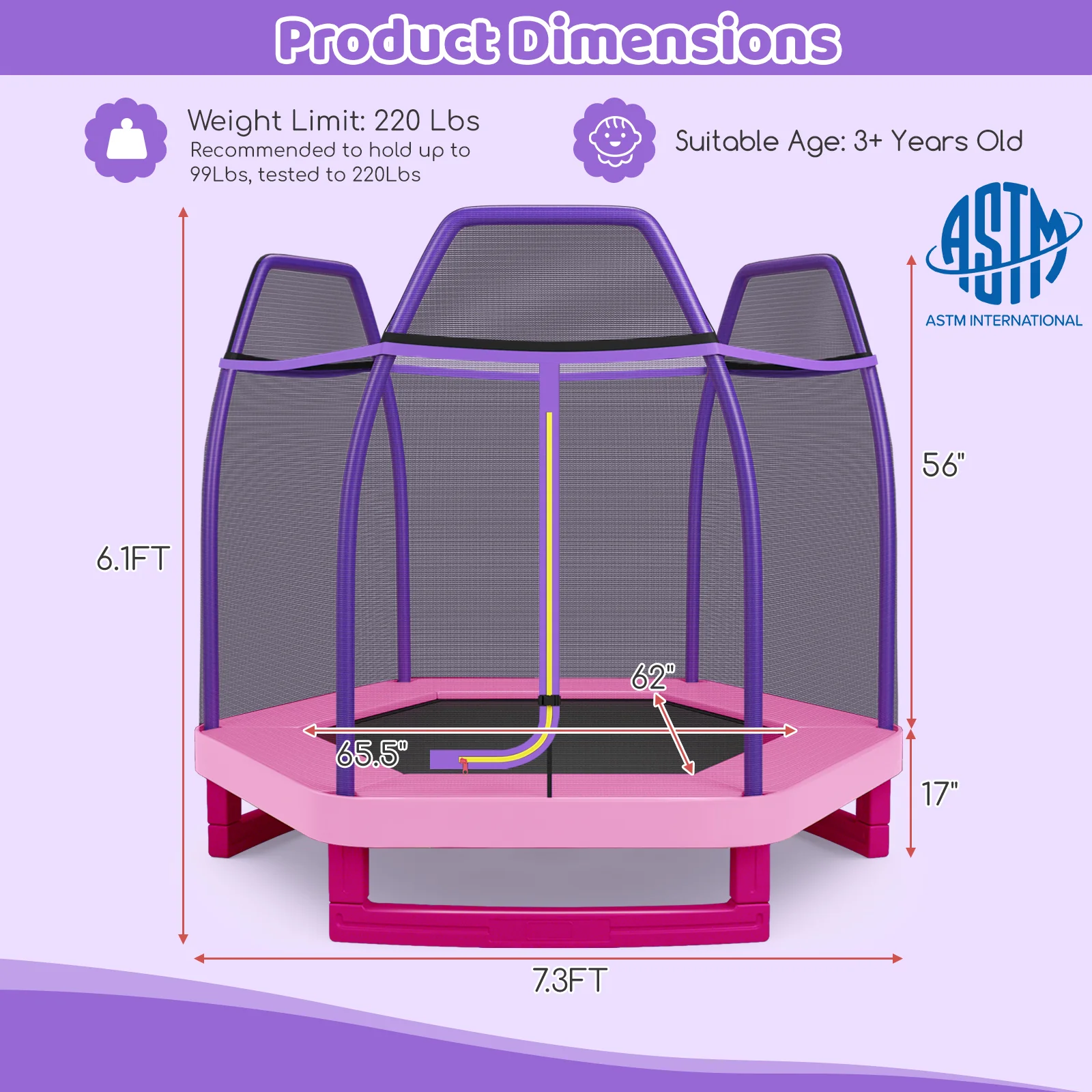 7 Feet Kids Trampoline, Pink - Image 5