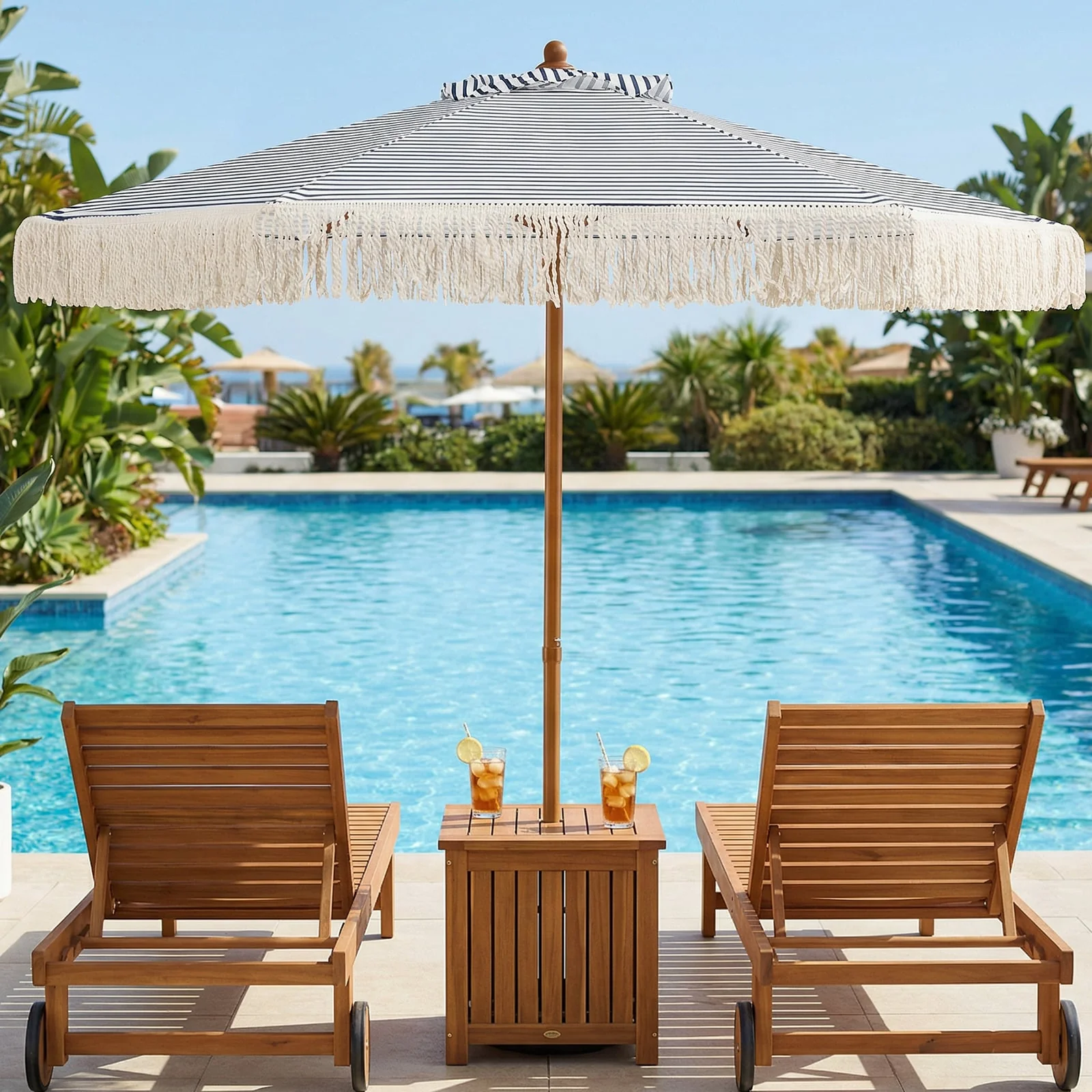 7 Feet Patio Umbrella, Sun-Protective Beach Umbrella With Fringe Tassel, Blue - Image 2