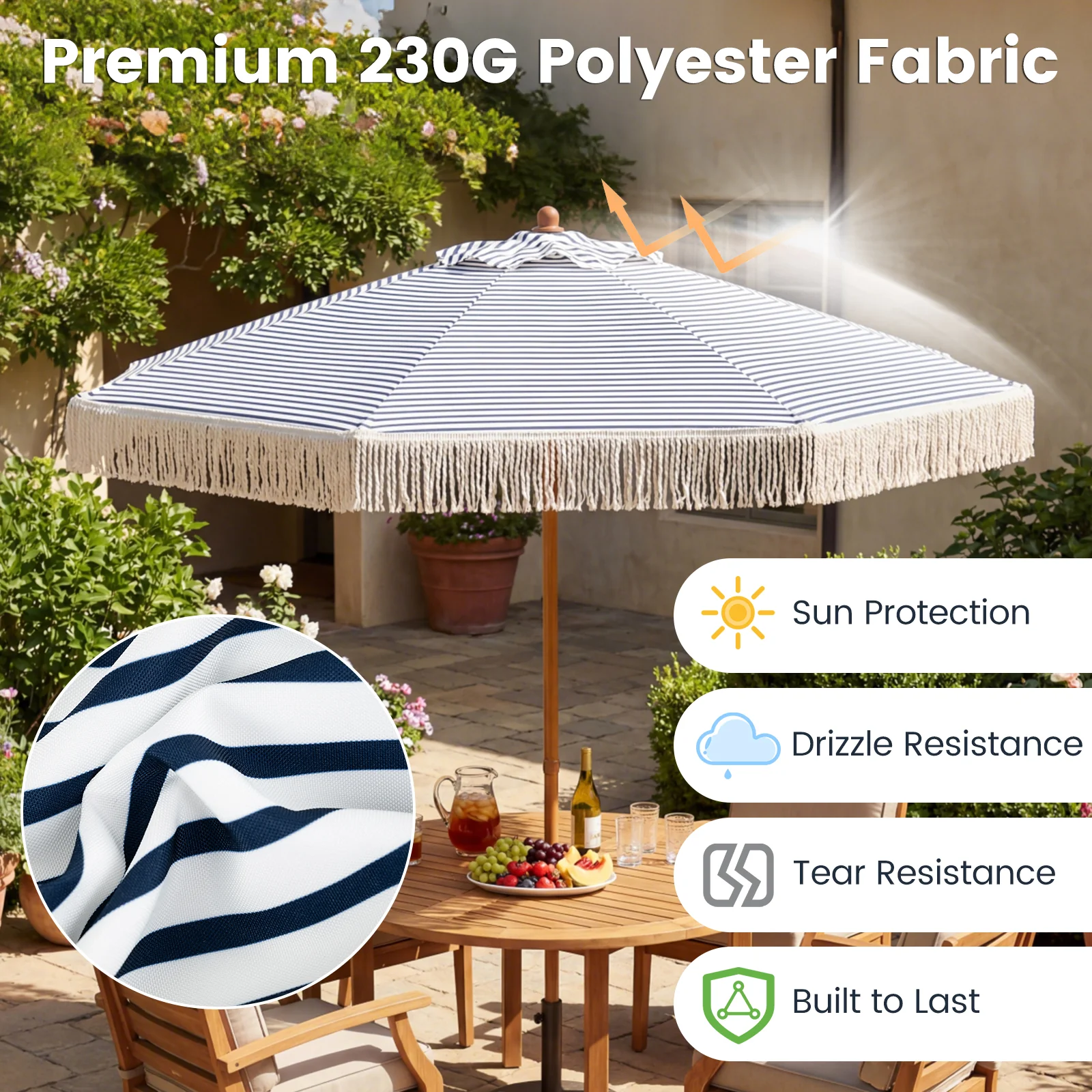 7 Feet Patio Umbrella, Sun-Protective Beach Umbrella With Fringe Tassel, Blue - Image 7