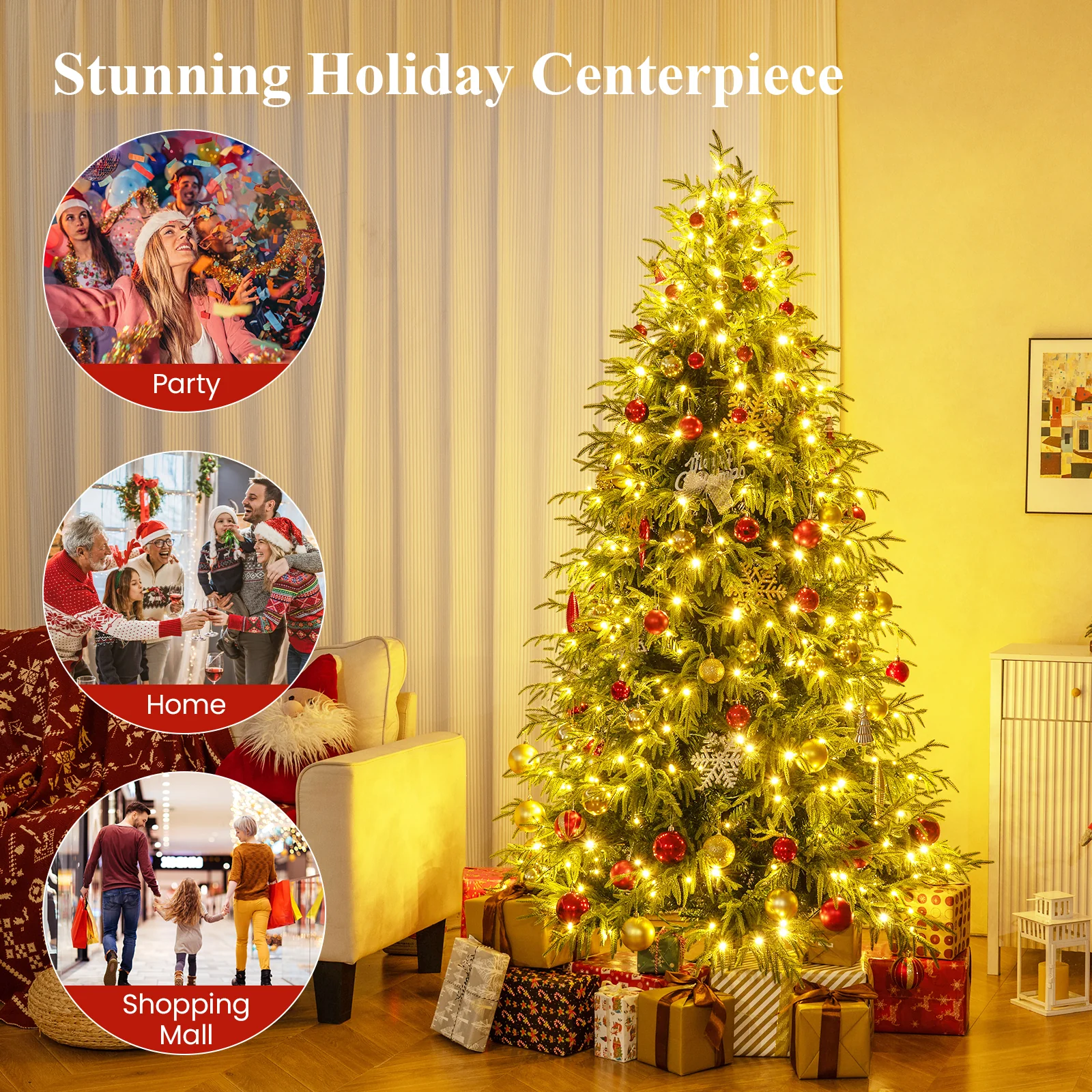 7 Feet Pre-Lit Artificial Christmas Tree Hinged Faux Xmas Tree with Soft Branch Tips - Image 7