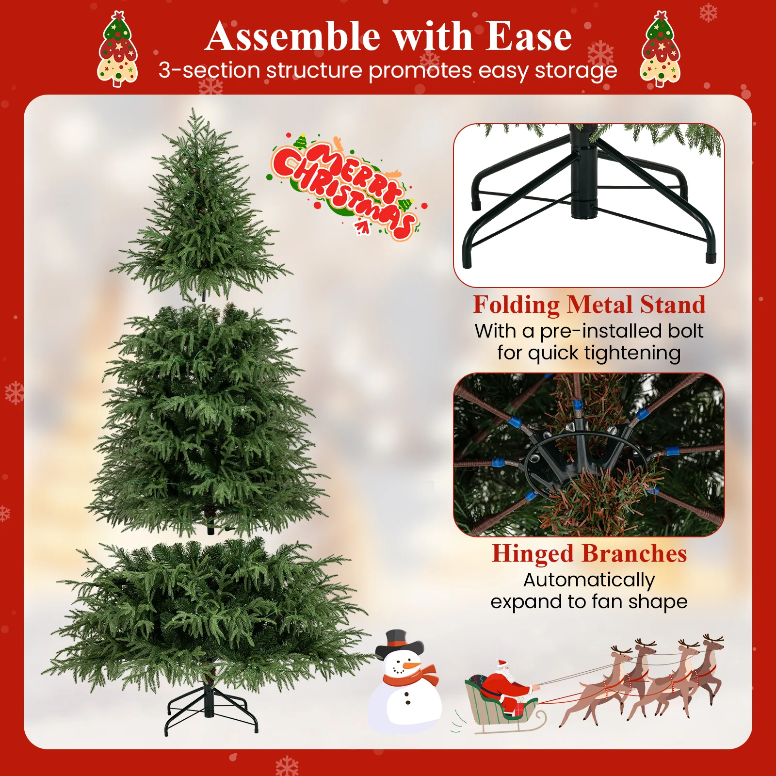 7 Feet Pre-Lit Artificial Christmas Tree Hinged Faux Xmas Tree with Soft Branch Tips - Image 9