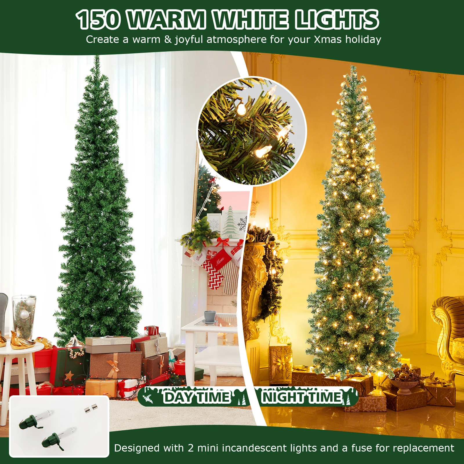 7 Feet Prelit Half-Shape Christmas Tree, 150 Lights, Green - Image 7