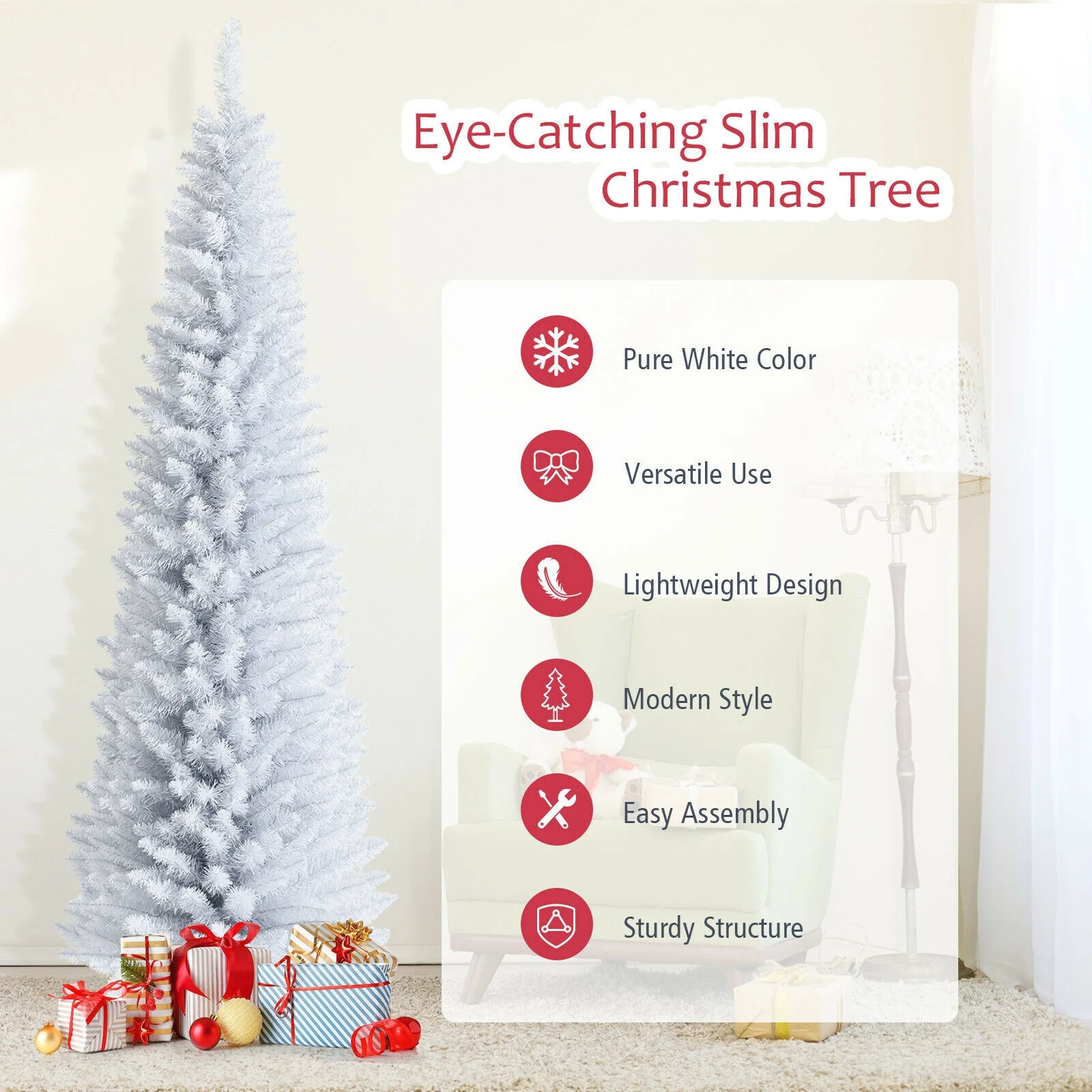 7 Feet Slim Artificial Christmas Pencil Tree, Metal Stand, White - Image 10