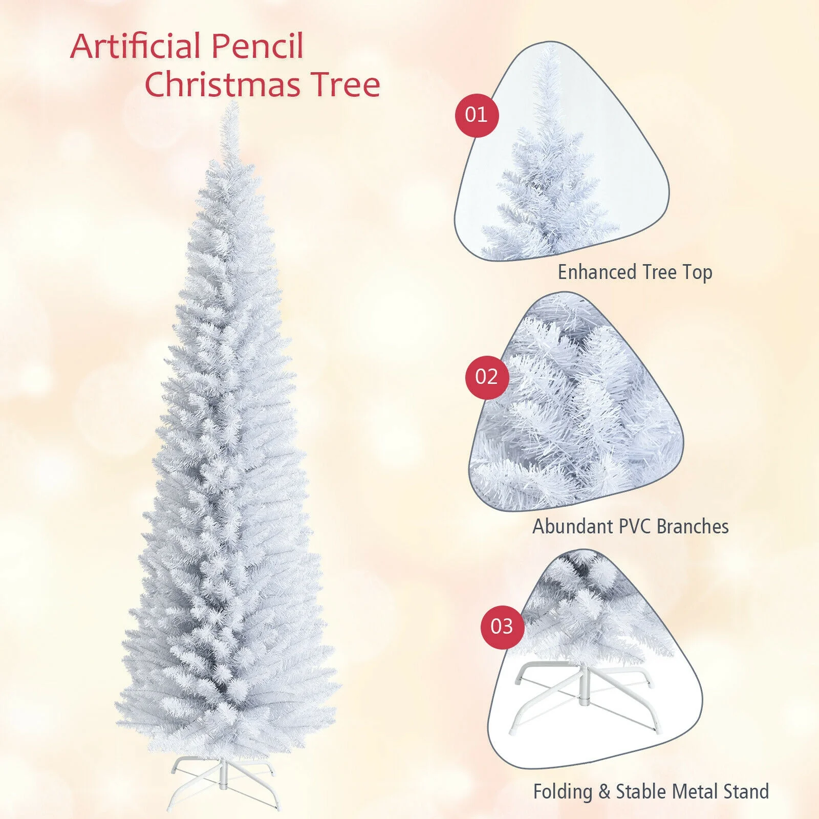 7 Feet Slim Artificial Christmas Pencil Tree, Metal Stand, White - Image 9