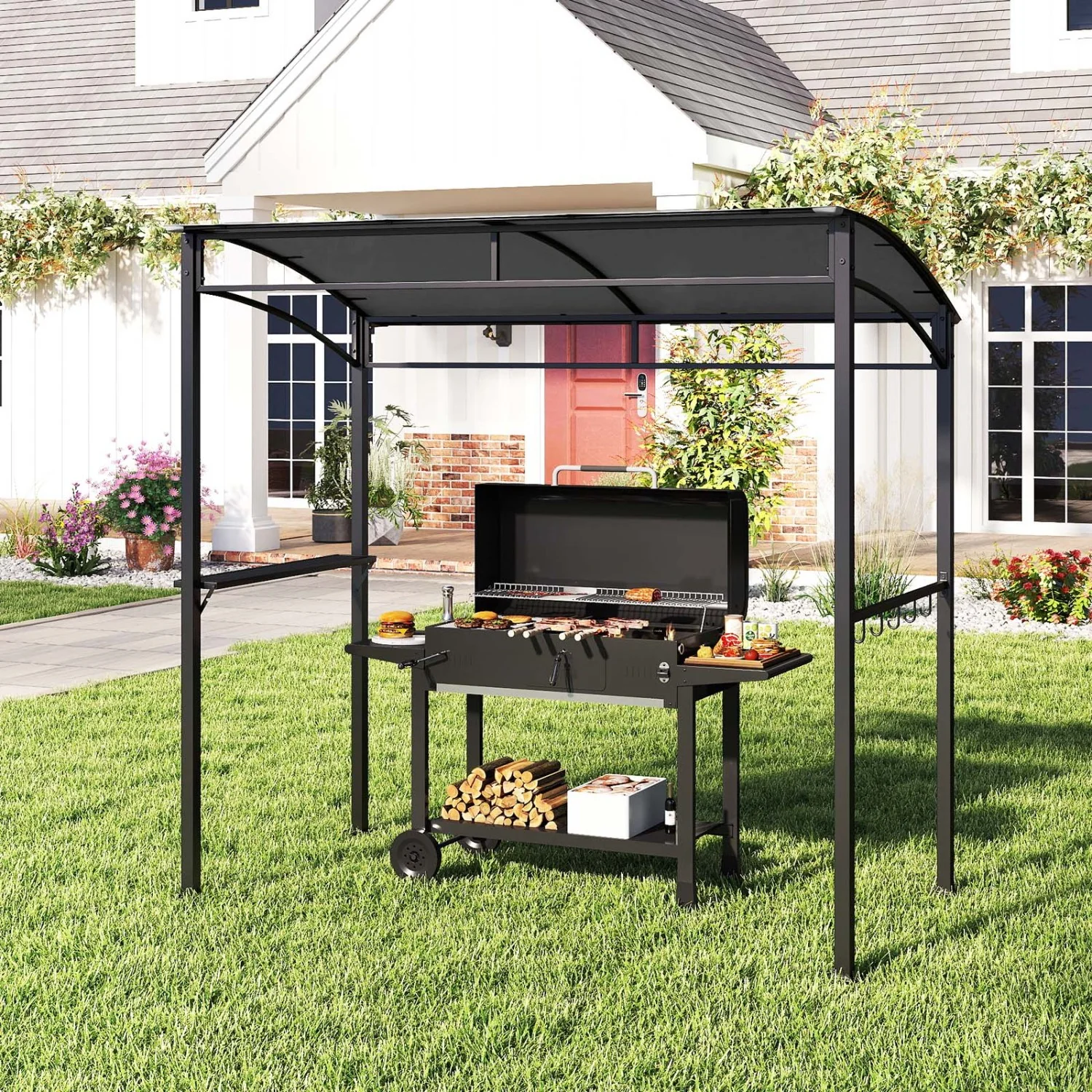 7 Ft Grill Gazebo, with Serving Shelf & Hooks, Gray - Image 2