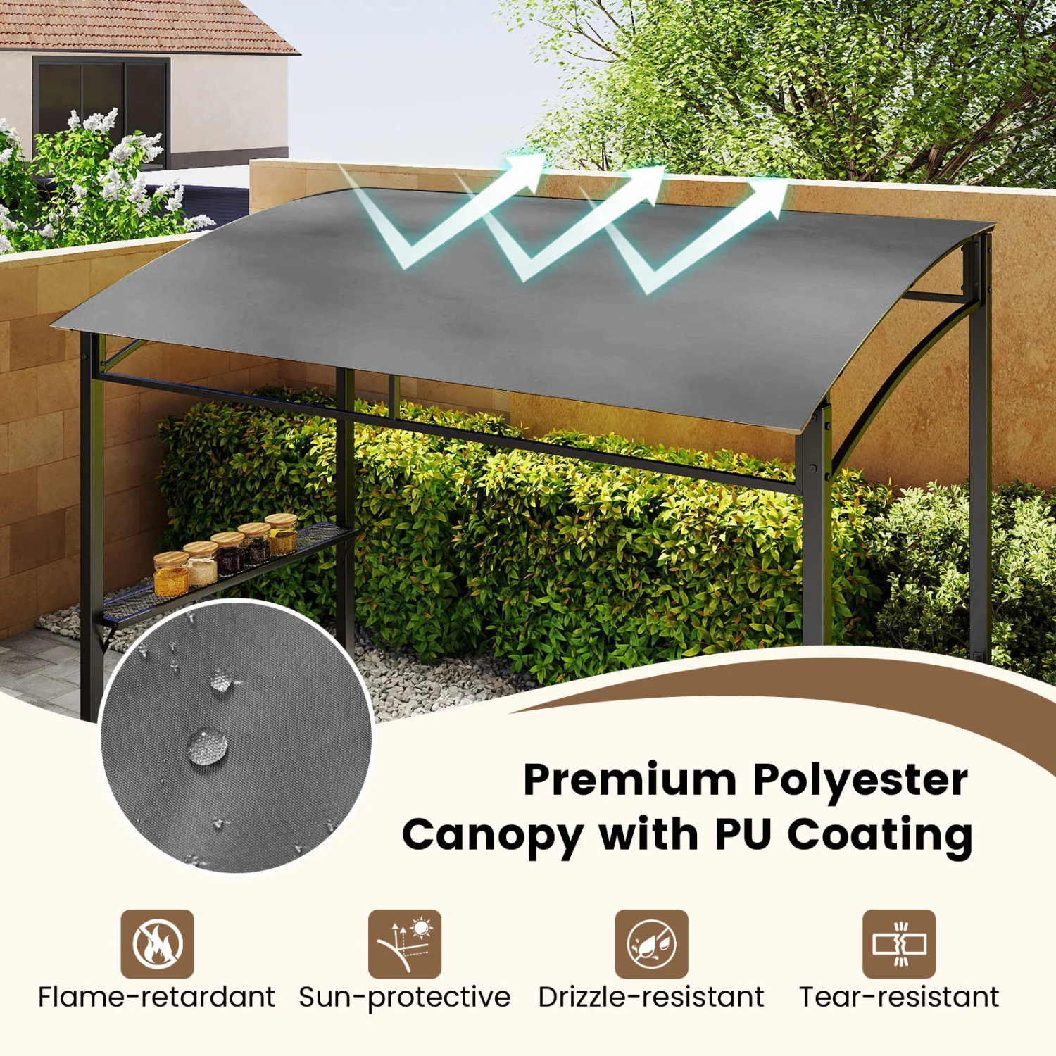 7 Ft Grill Gazebo, with Serving Shelf & Hooks, Gray - Image 7