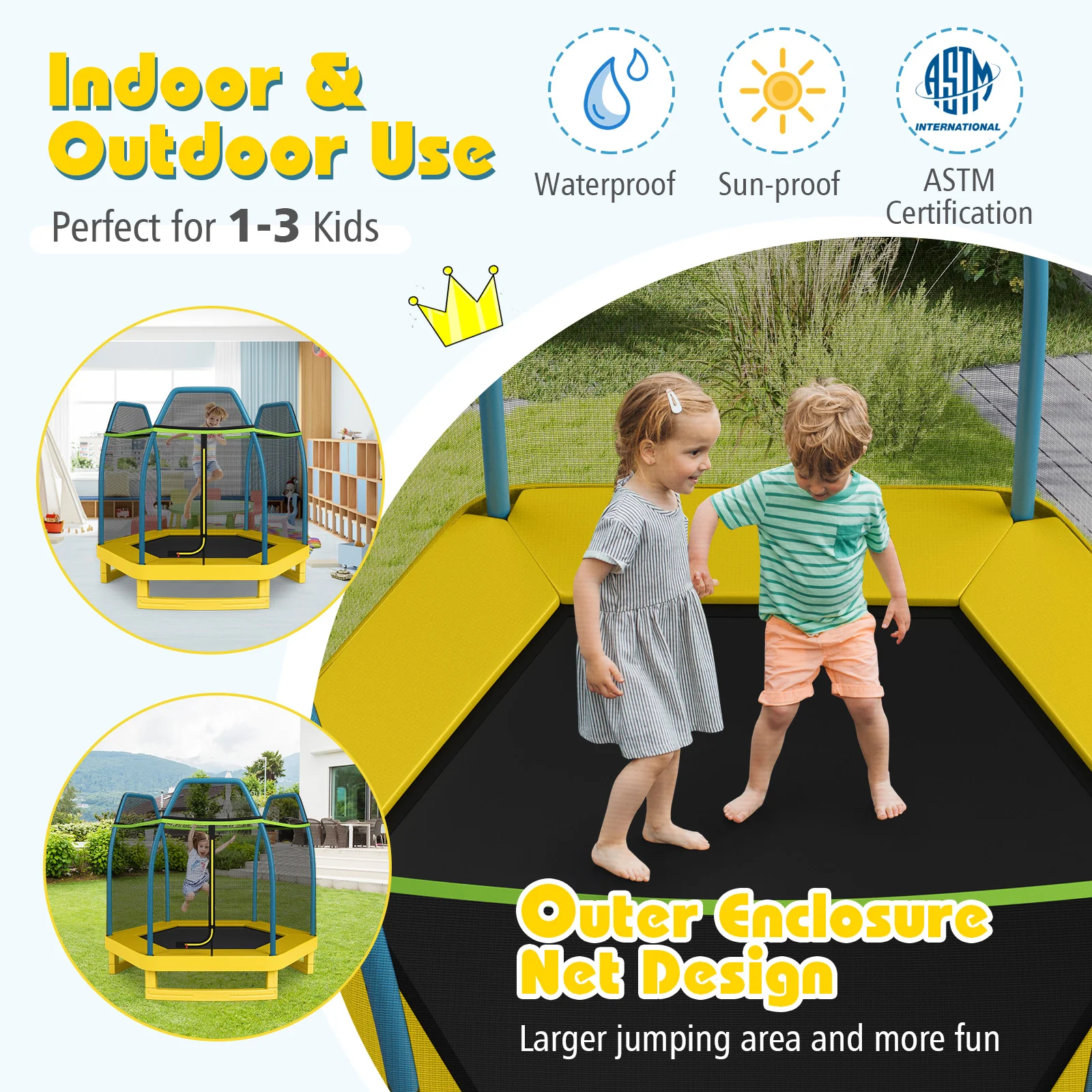 7 ft Kids Trampoline With Safety Enclosure Net, Yellow - Image 6