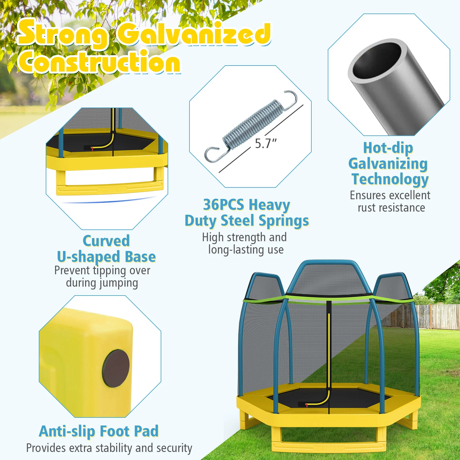 7 ft Kids Trampoline With Safety Enclosure Net, Yellow - Image 8