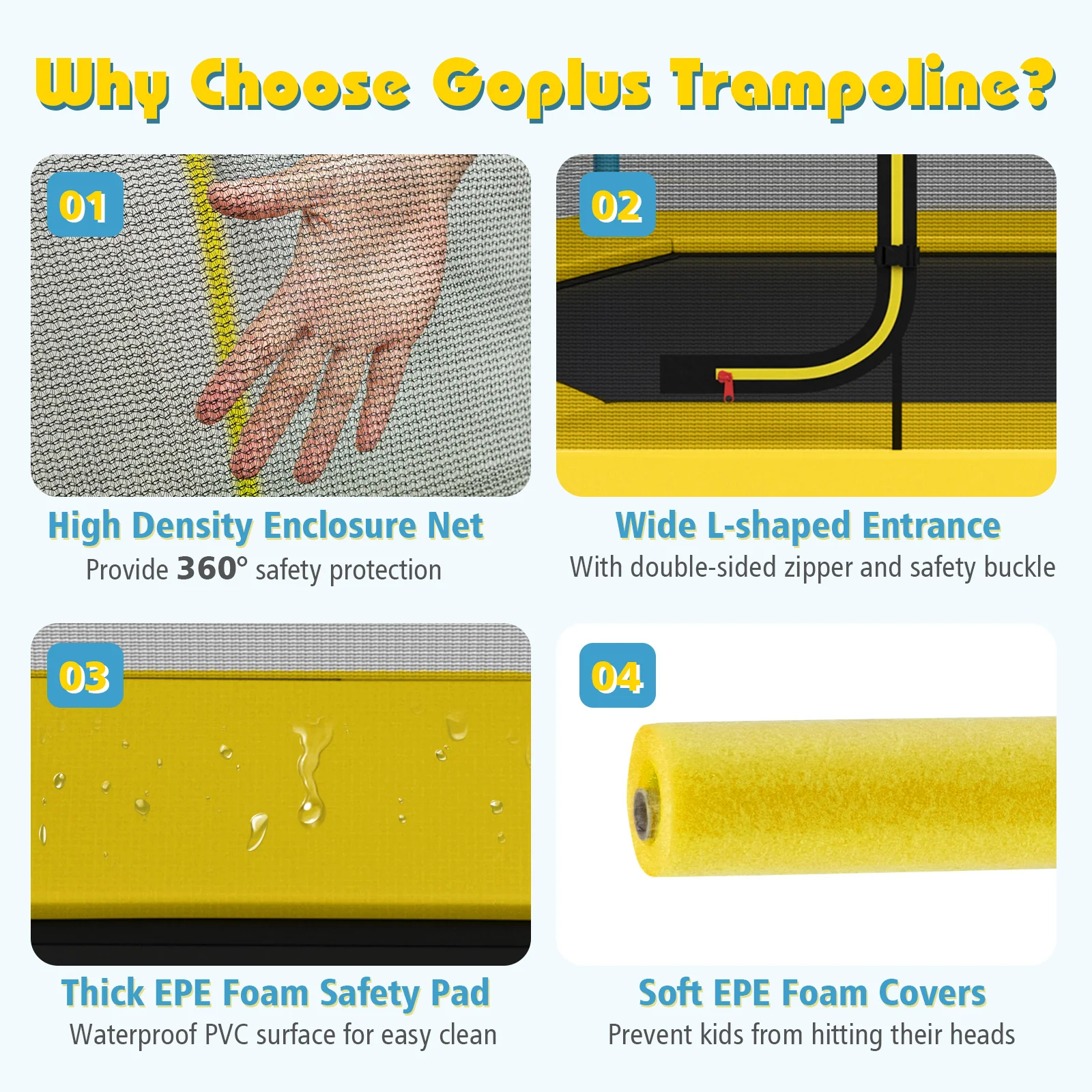 7 ft Kids Trampoline With Safety Enclosure Net, Yellow - Image 9