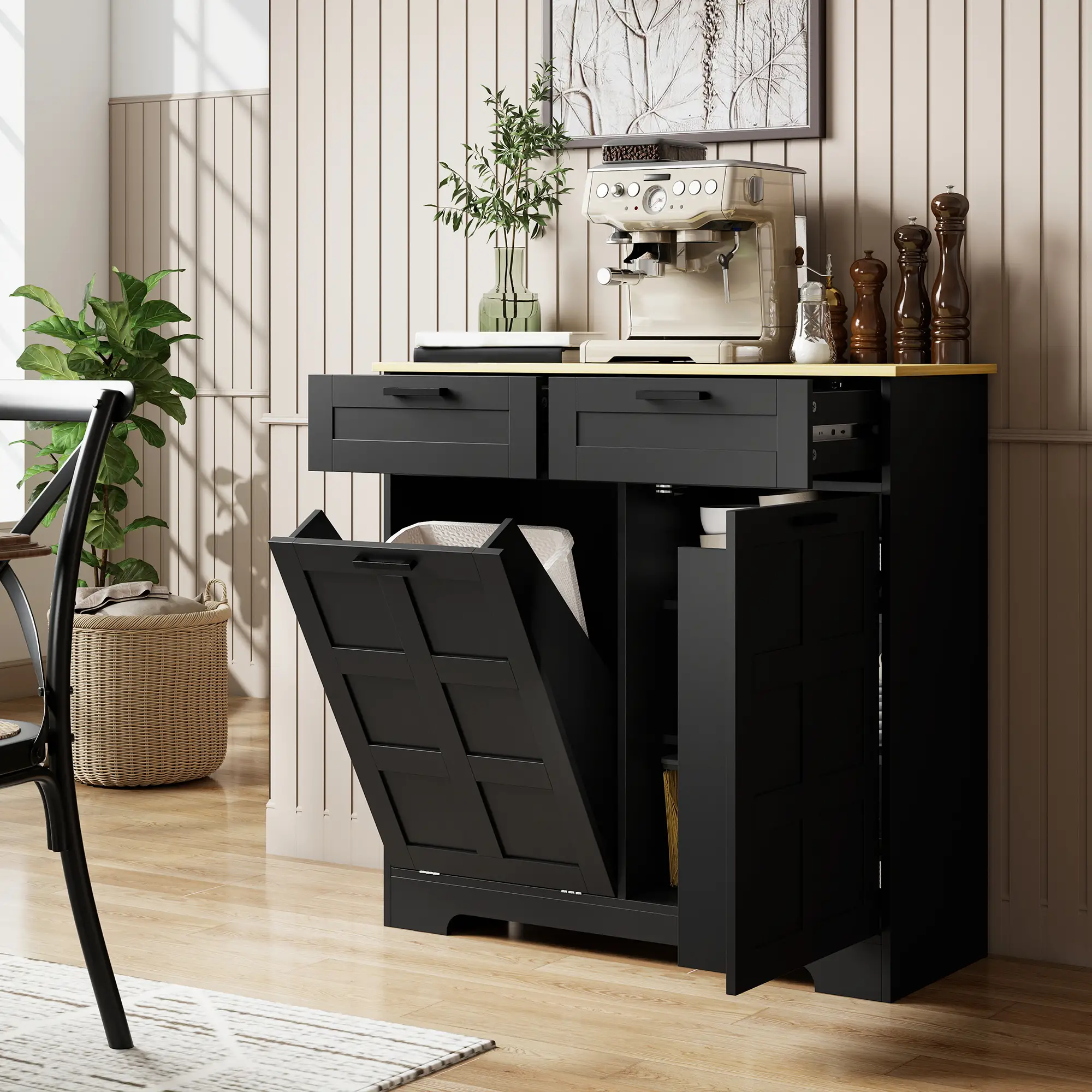 7 Gallon Tilt Out Garbage Cabinet, Kitchen Island, Black - Image 2