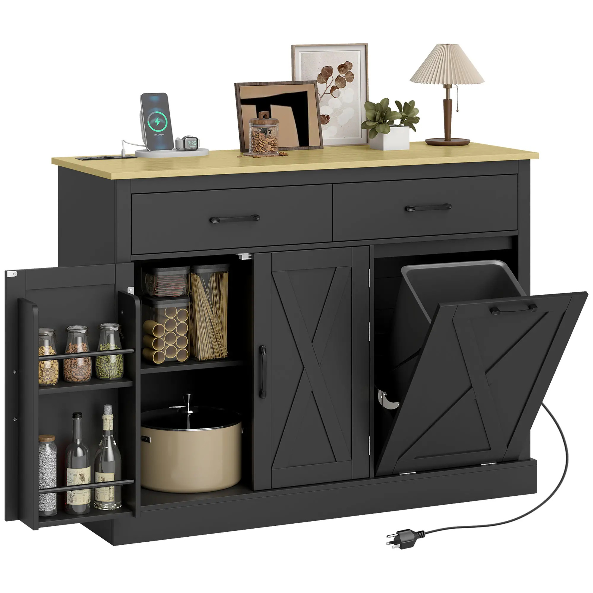 7 Gallon Tilt Out Garbage Cabinet, Kitchen Island With Charging Station, Black