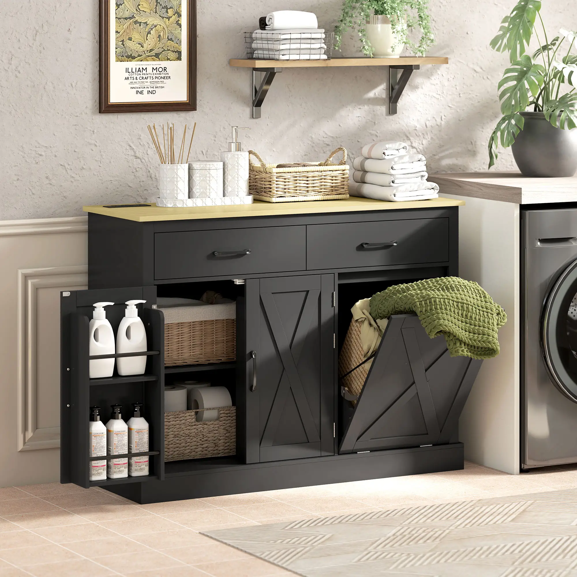 7 Gallon Tilt Out Garbage Cabinet, Kitchen Island With Charging Station, Black - Image 10