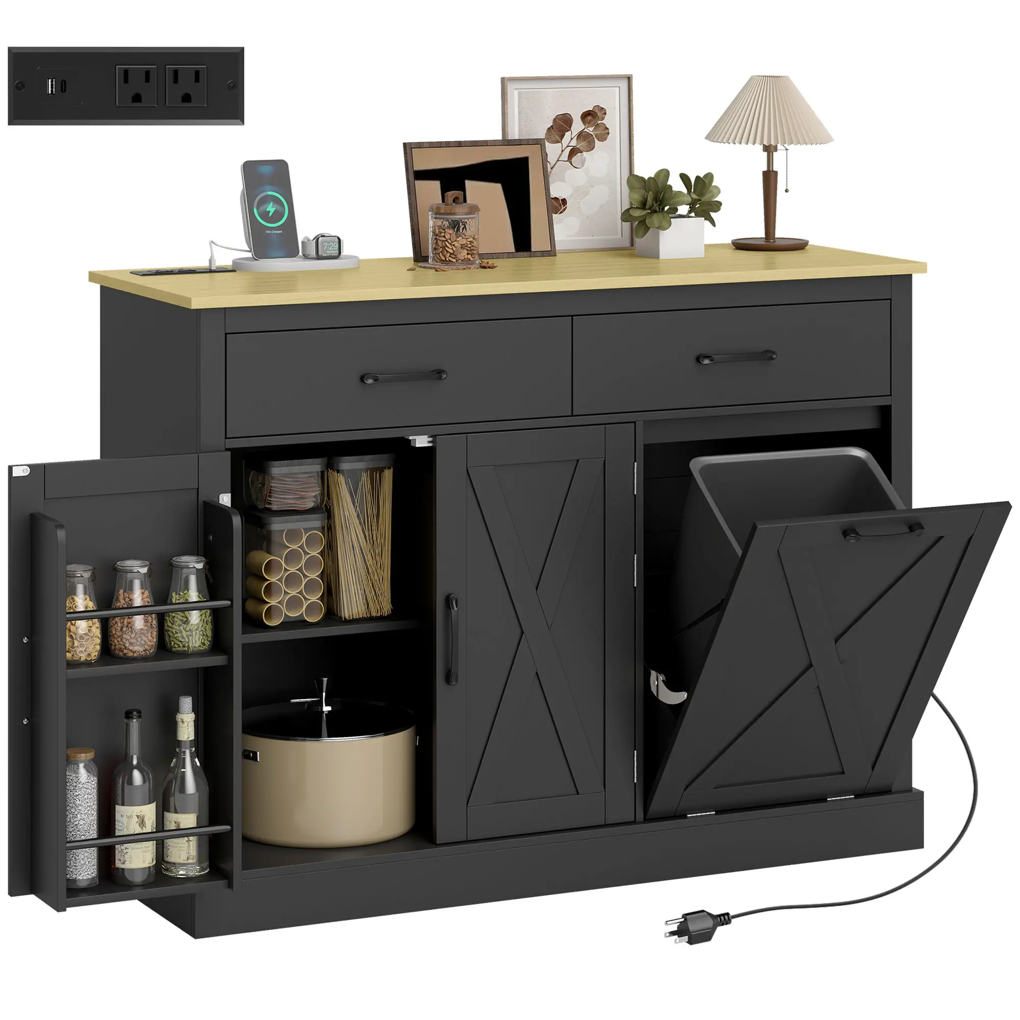 7 Gallon Tilt Out Garbage Cabinet, Kitchen Island With Charging Station, Black - Image 11