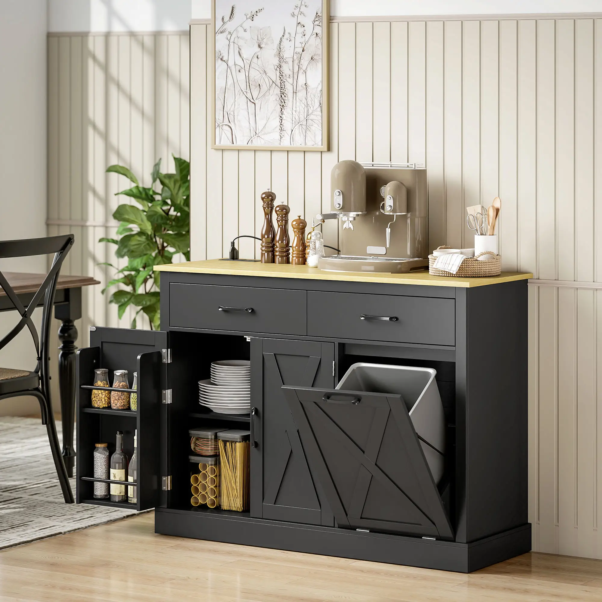 7 Gallon Tilt Out Garbage Cabinet, Kitchen Island With Charging Station, Black - Image 2