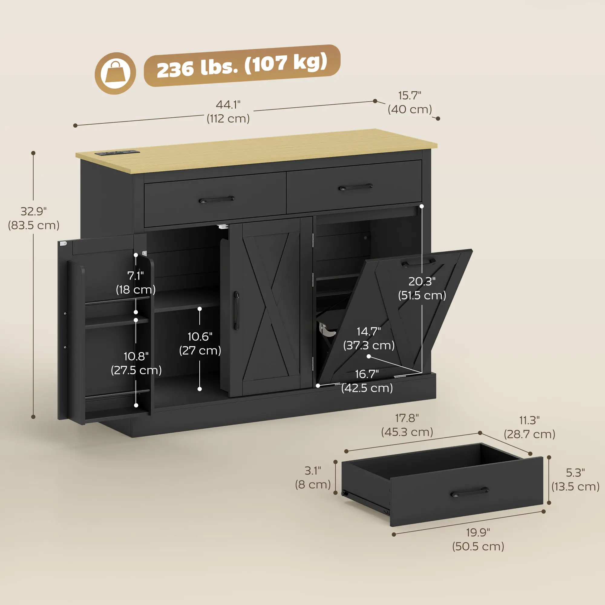 7 Gallon Tilt Out Garbage Cabinet, Kitchen Island With Charging Station, Black - Image 3