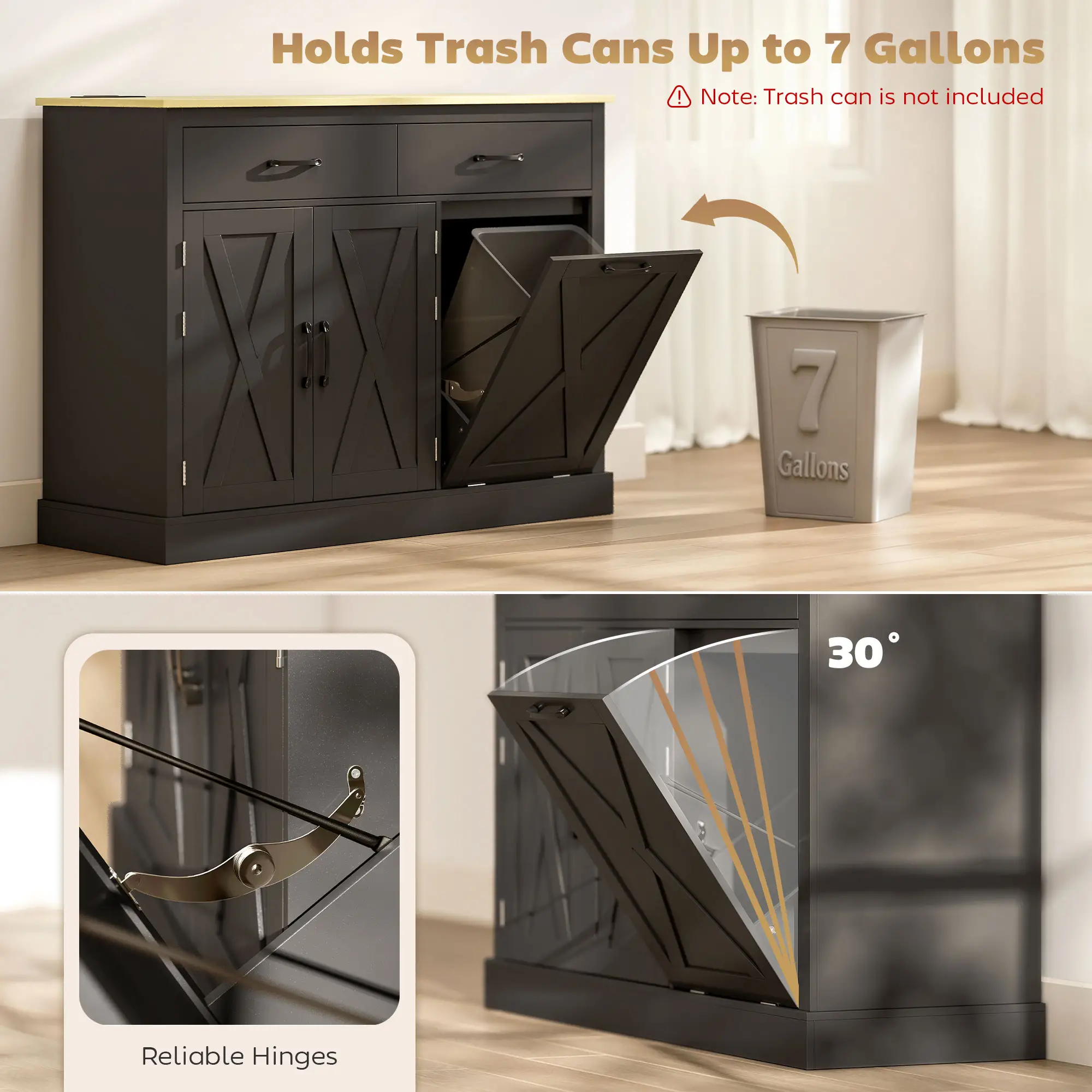 7 Gallon Tilt Out Garbage Cabinet, Kitchen Island With Charging Station, Black - Image 5