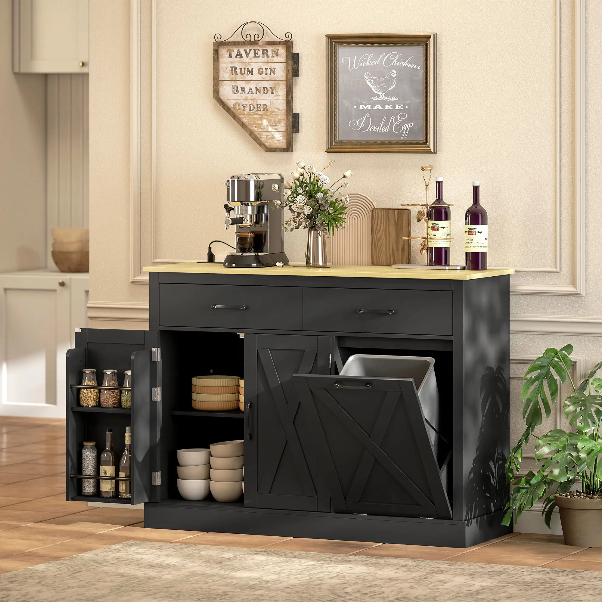 7 Gallon Tilt Out Garbage Cabinet, Kitchen Island With Charging Station, Black - Image 8