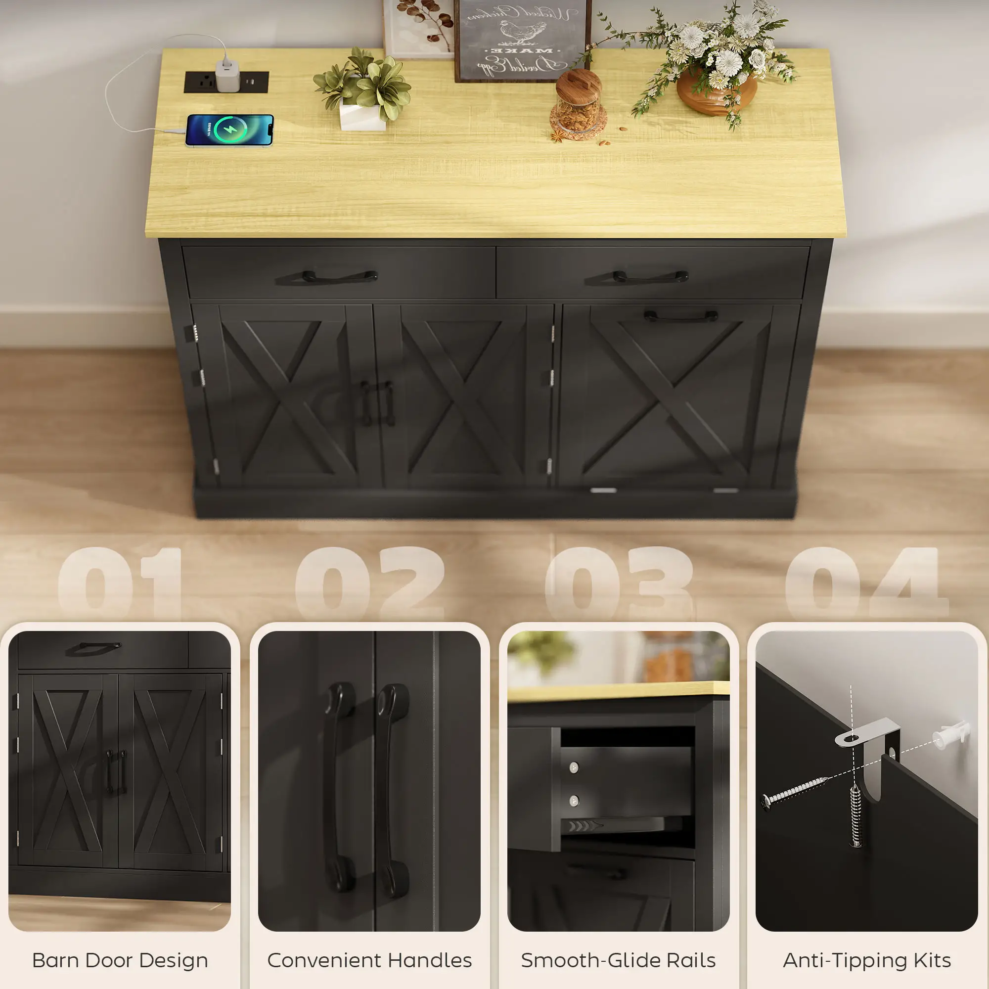7 Gallon Tilt Out Garbage Cabinet, Kitchen Island With Charging Station, Black - Image 9