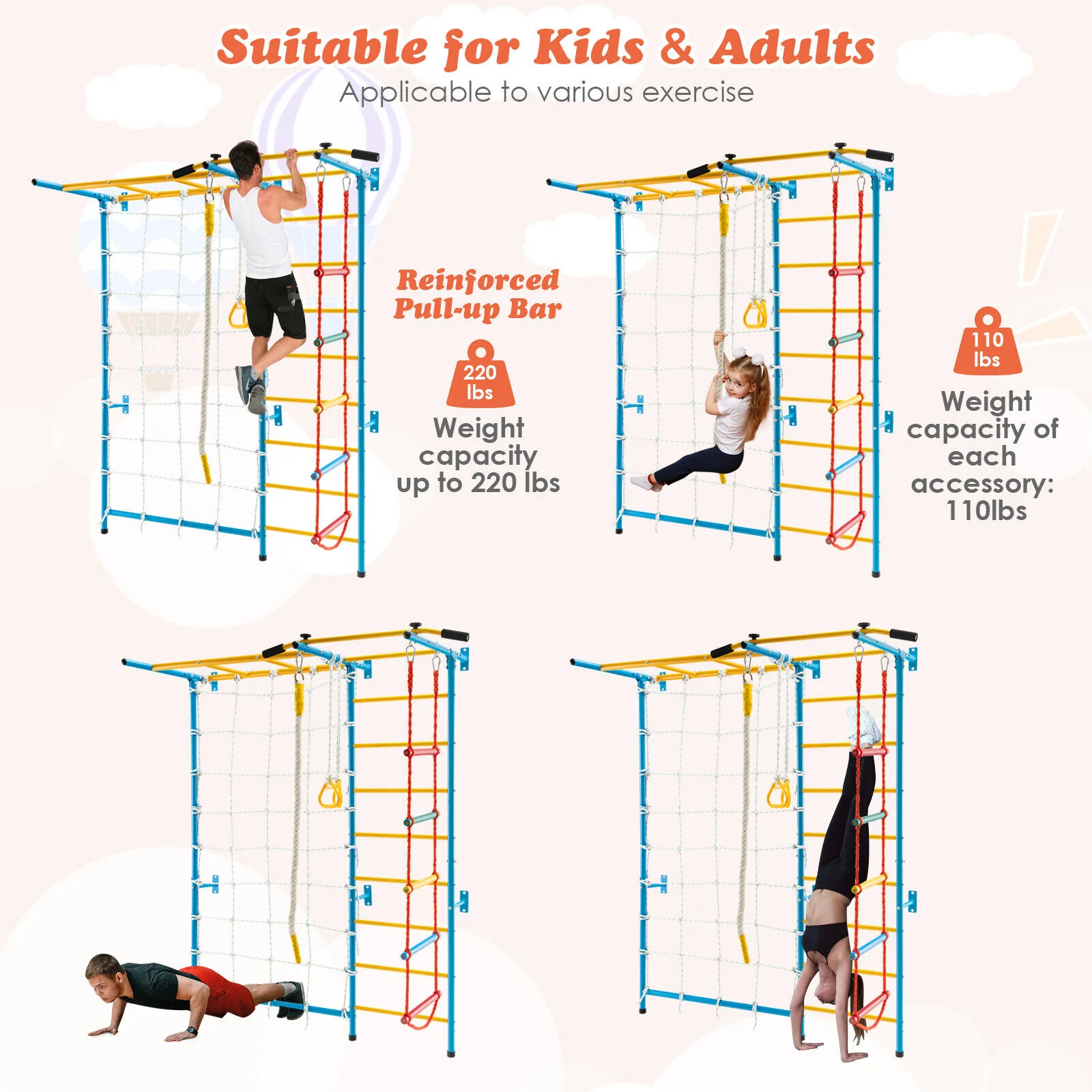 7 In 1 Kids Indoor Gym Playground, Swedish Wall Ladder, Yellow - Image 10