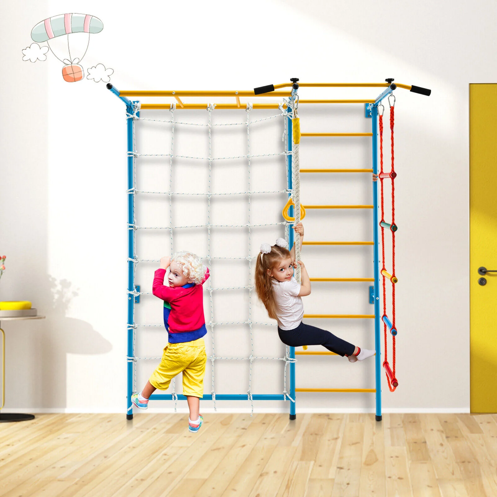 7 In 1 Kids Indoor Gym Playground, Swedish Wall Ladder, Yellow - Image 2