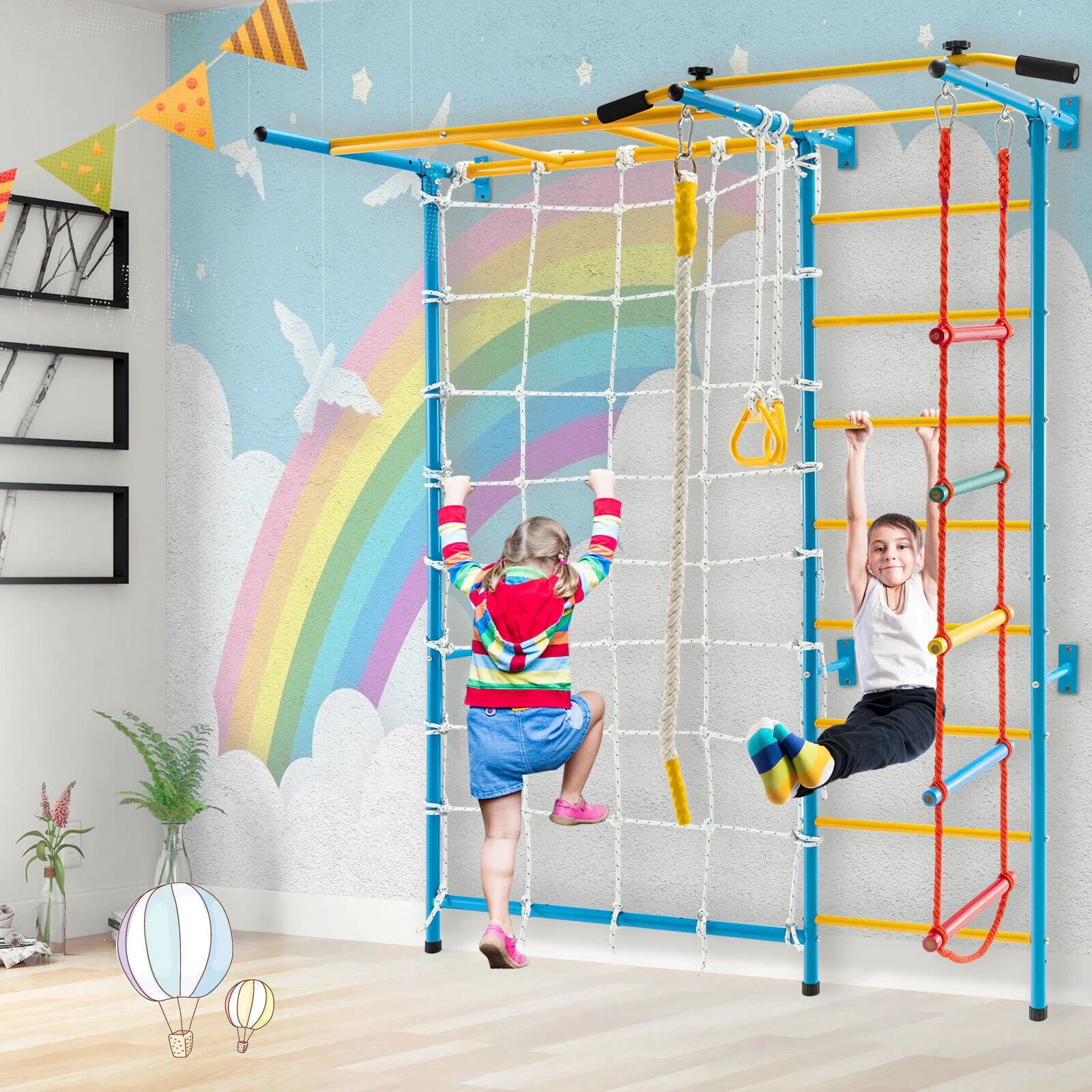 7 In 1 Kids Indoor Gym Playground, Swedish Wall Ladder, Yellow - Image 3