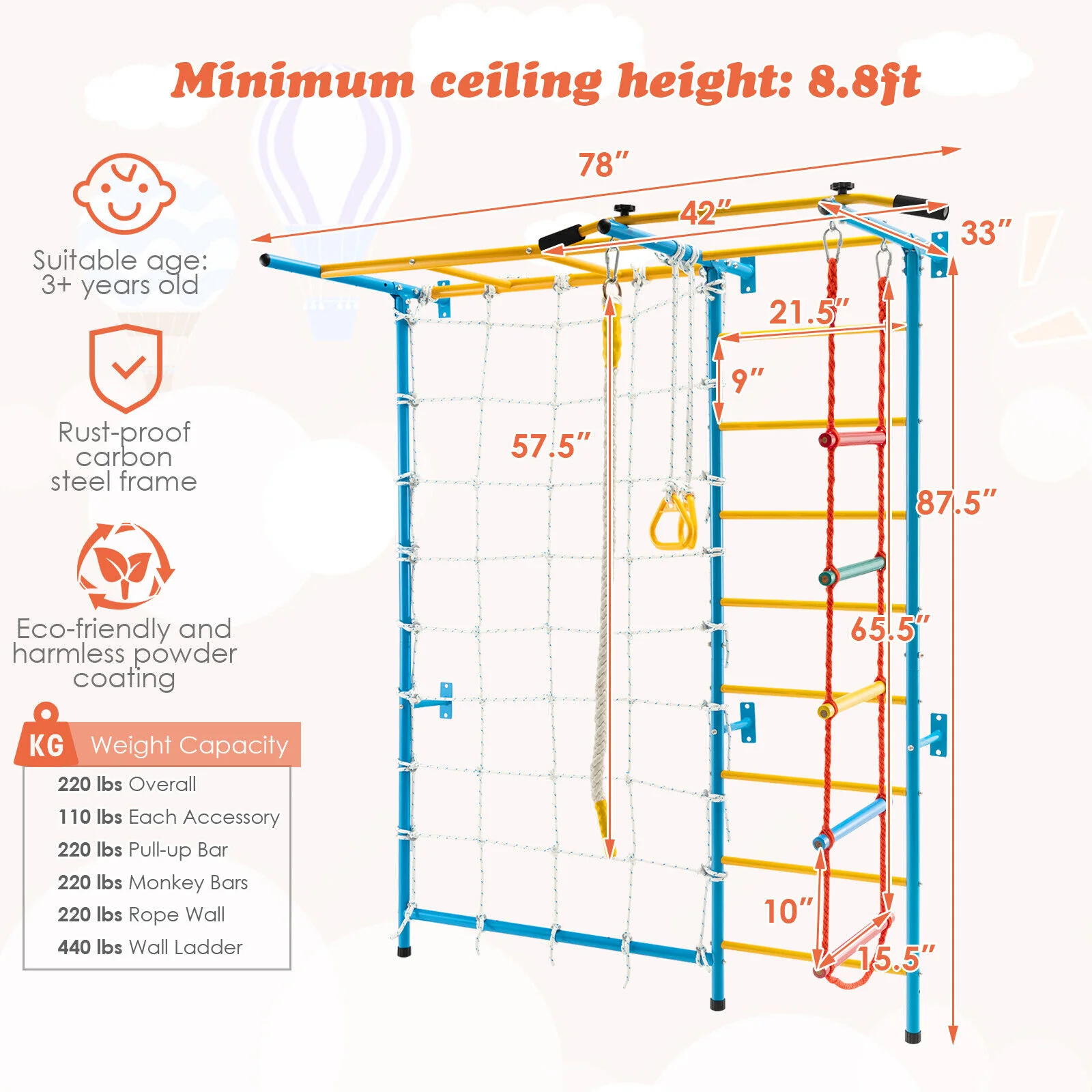 7 In 1 Kids Indoor Gym Playground, Swedish Wall Ladder, Yellow - Image 6