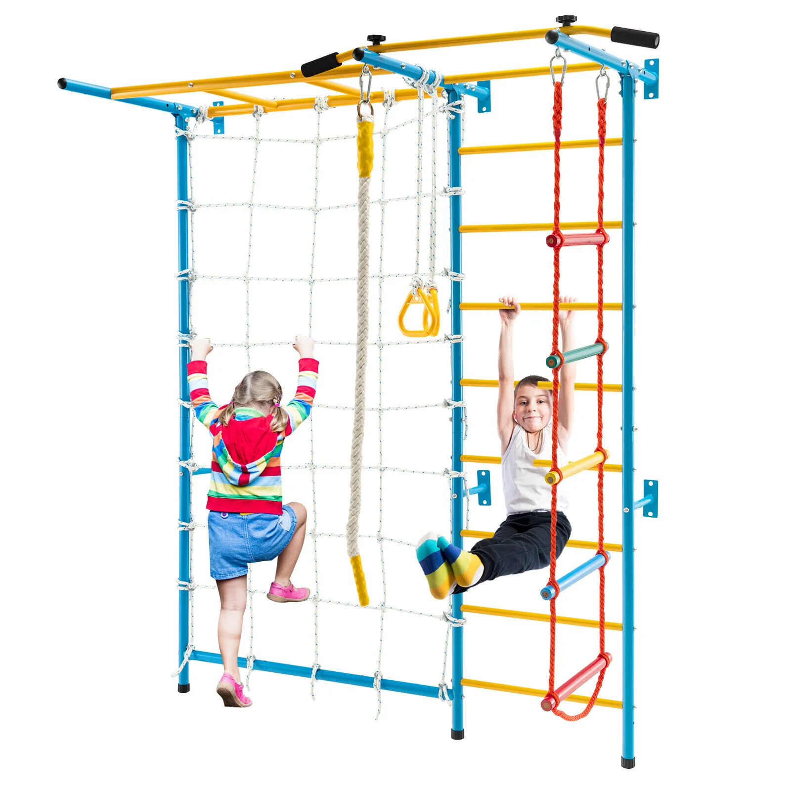 7 In 1 Kids Indoor Gym Playground, Swedish Wall Ladder, Yellow - Image 7