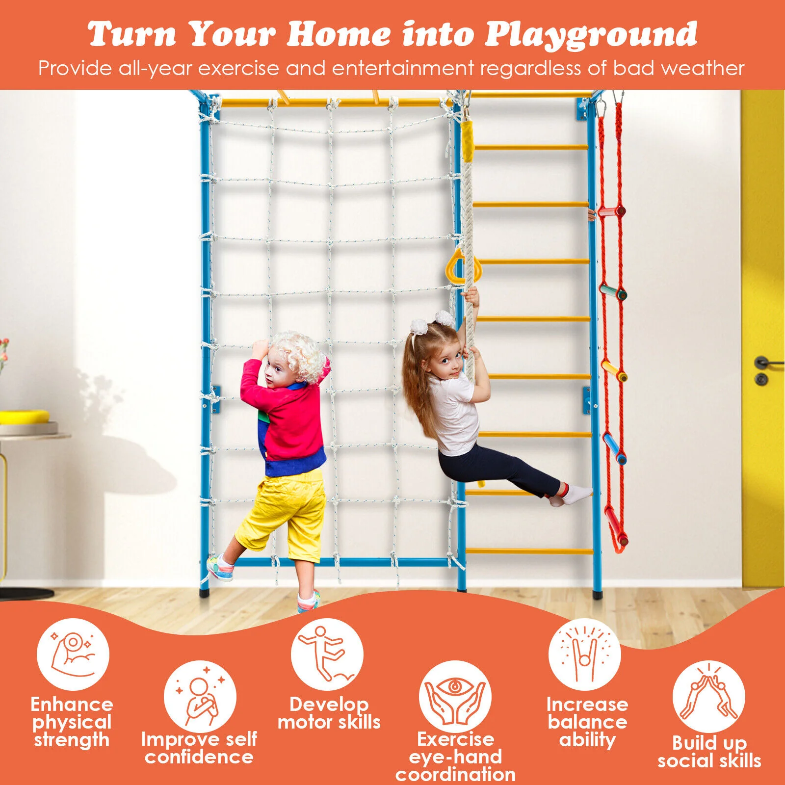 7 In 1 Kids Indoor Gym Playground, Swedish Wall Ladder, Yellow - Image 9