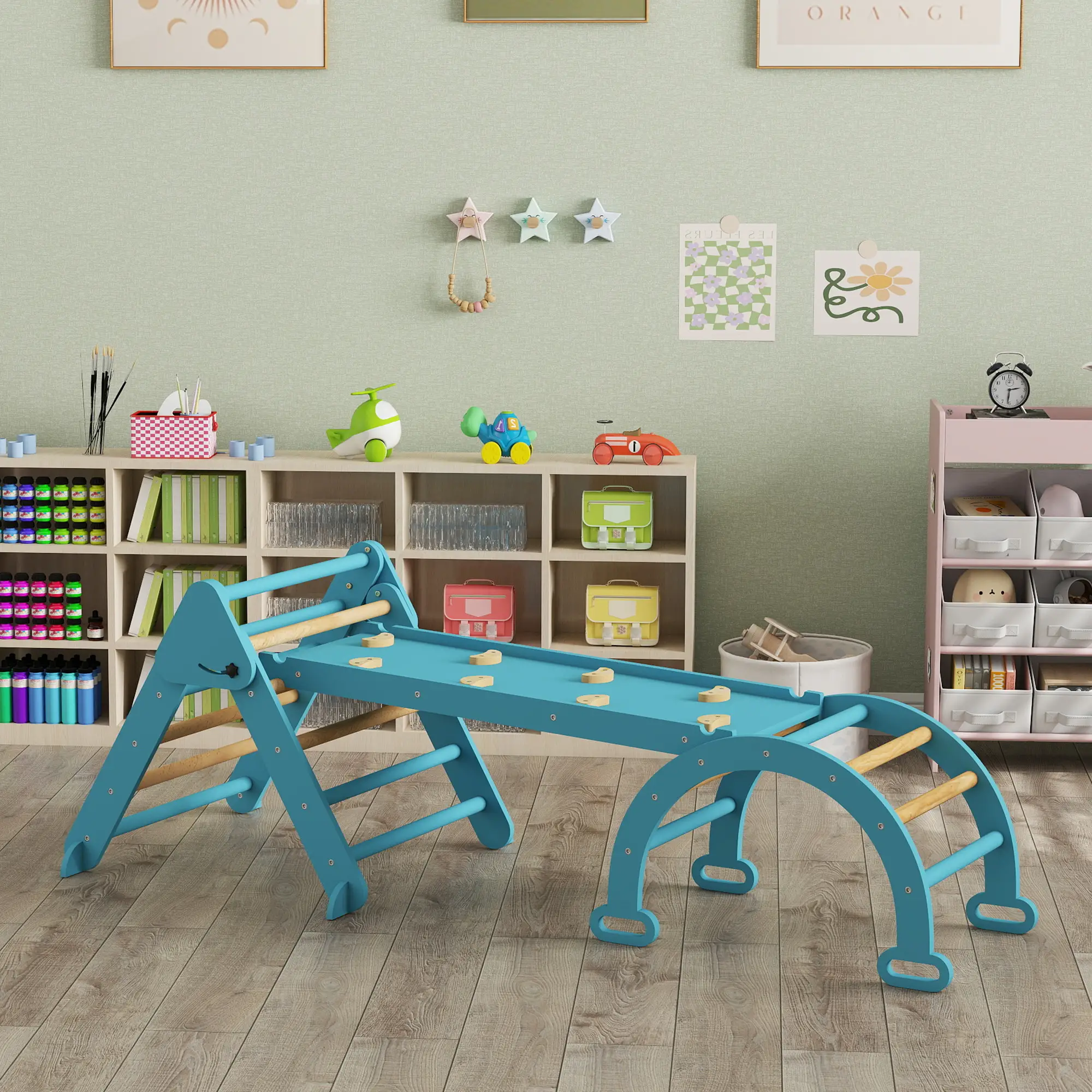 7-in-1 Pikler Triangle Set, Foldable Wooden Climbing Toys, Blue - Image 10