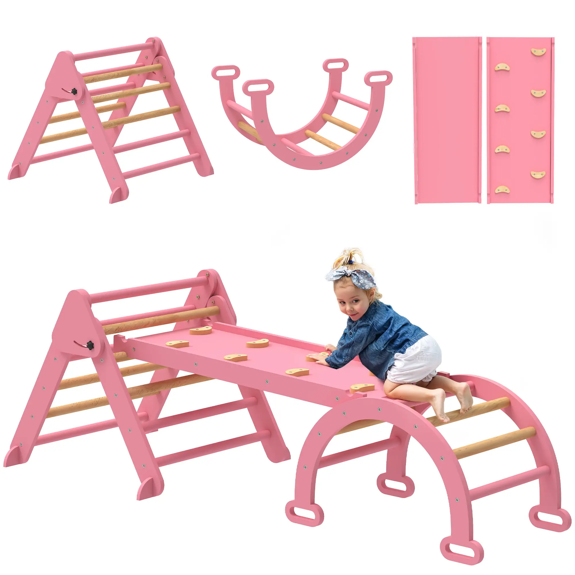 7-in-1 Pikler Triangle Set, Foldable Wooden Climbing Toys, Pink - Image 11