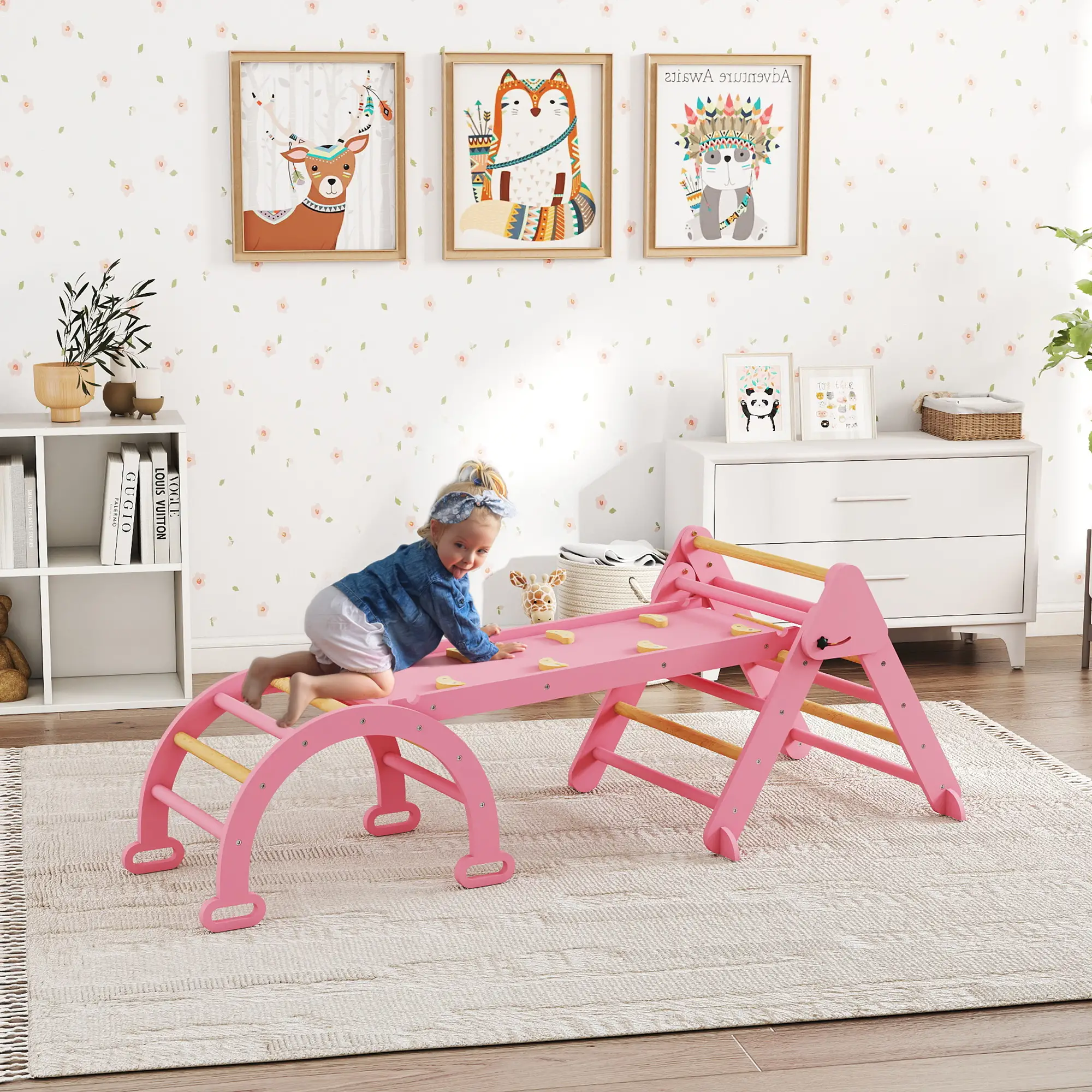 7-in-1 Pikler Triangle Set, Foldable Wooden Climbing Toys, Pink - Image 2
