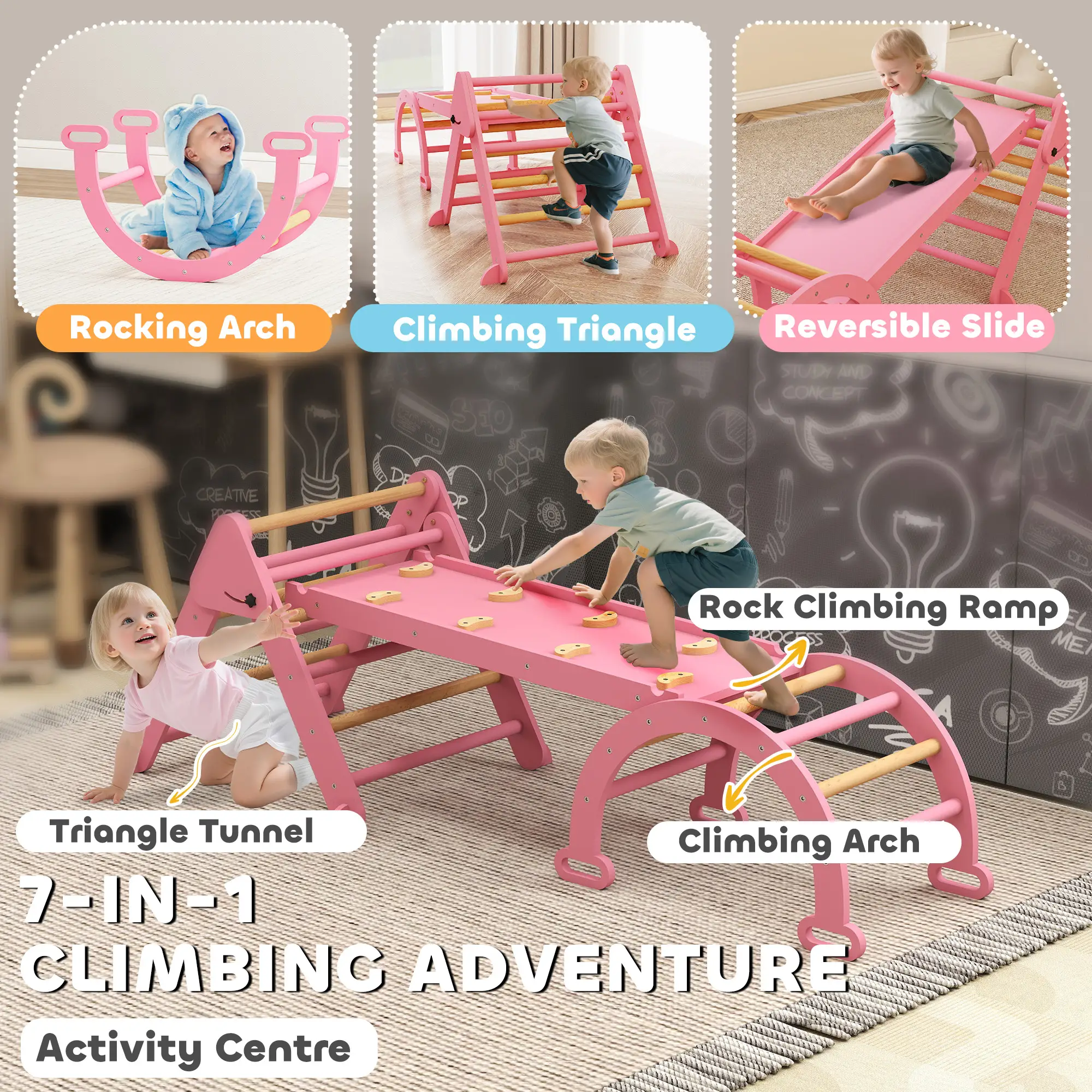 7-in-1 Pikler Triangle Set, Foldable Wooden Climbing Toys, Pink - Image 4