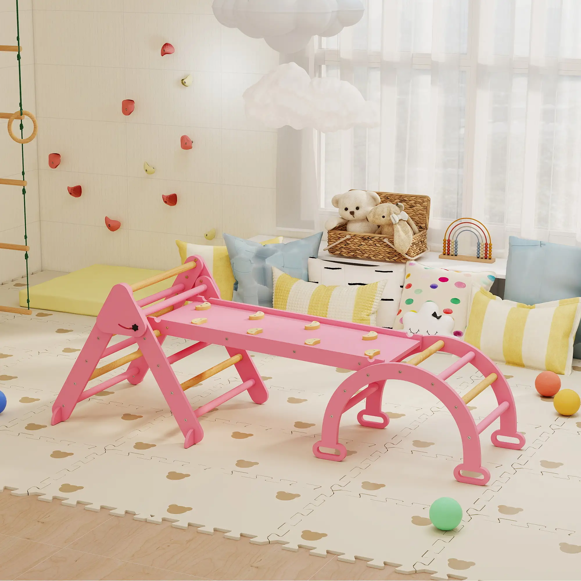 7-in-1 Pikler Triangle Set, Foldable Wooden Climbing Toys, Pink - Image 8