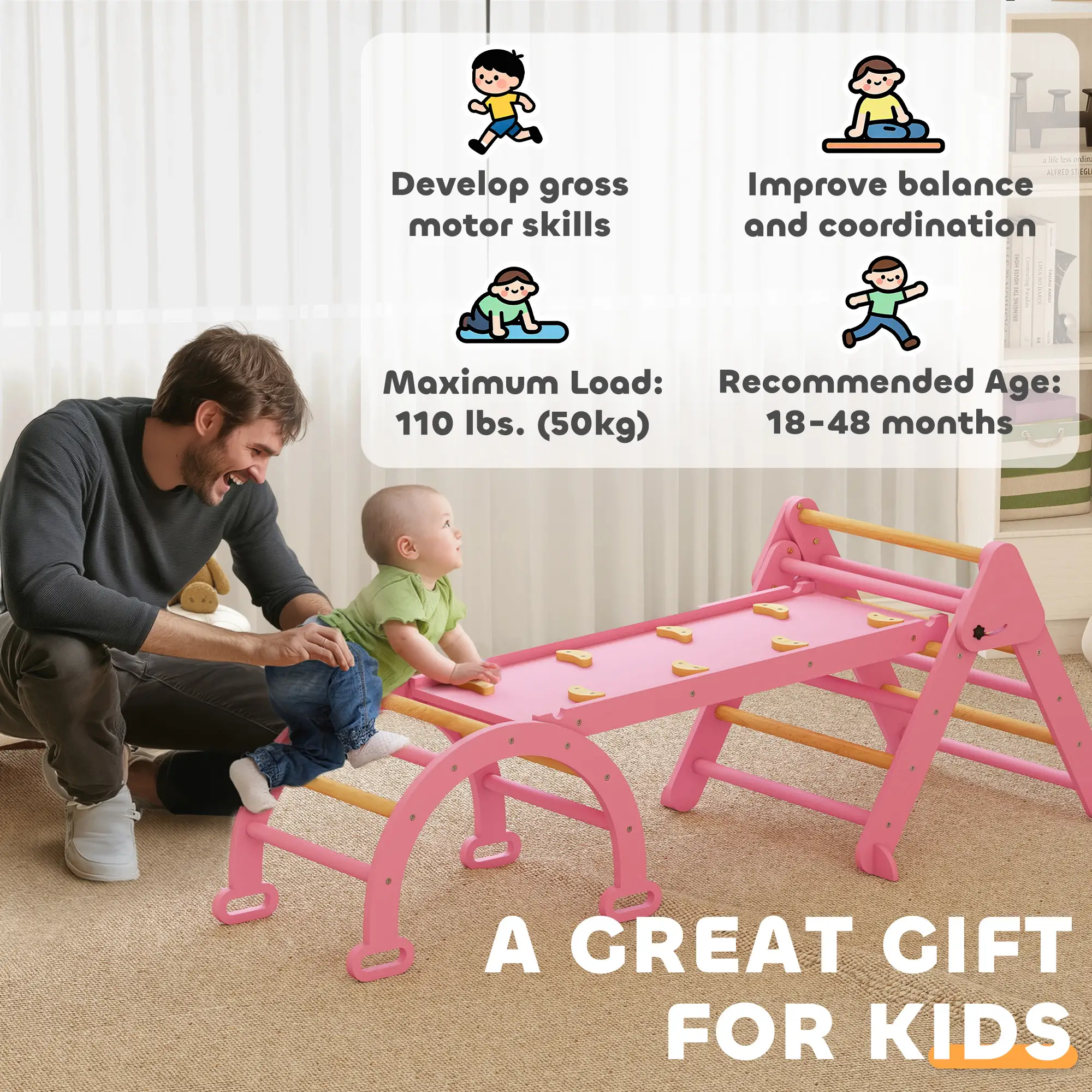 7-in-1 Pikler Triangle Set, Foldable Wooden Climbing Toys, Pink - Image 9